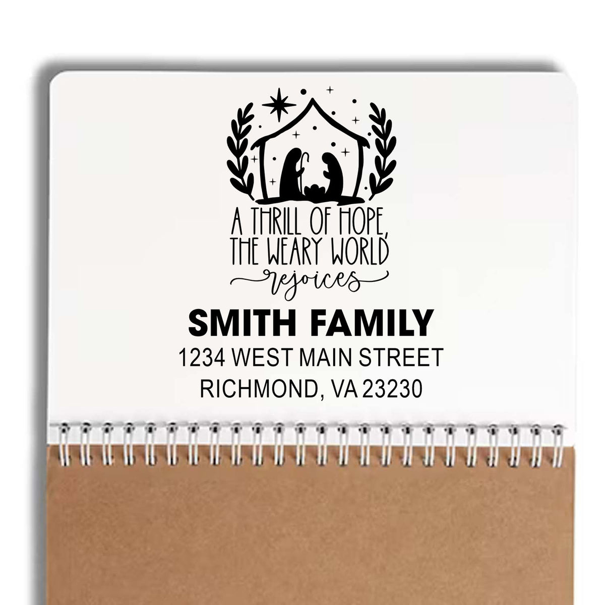 Custom return address rubber stamp with nativity design and holiday quote for Christmas cards.