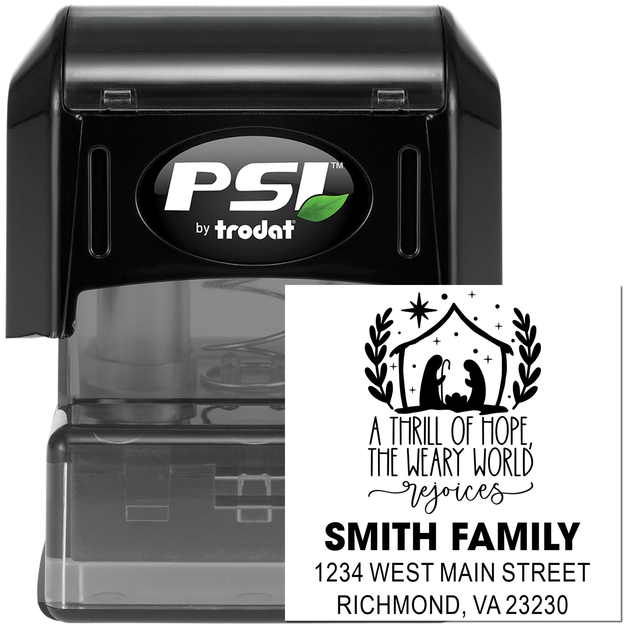 Personalized self-inking rubber stamp for holiday cards, featuring family return address and festive Christmas greeting.
