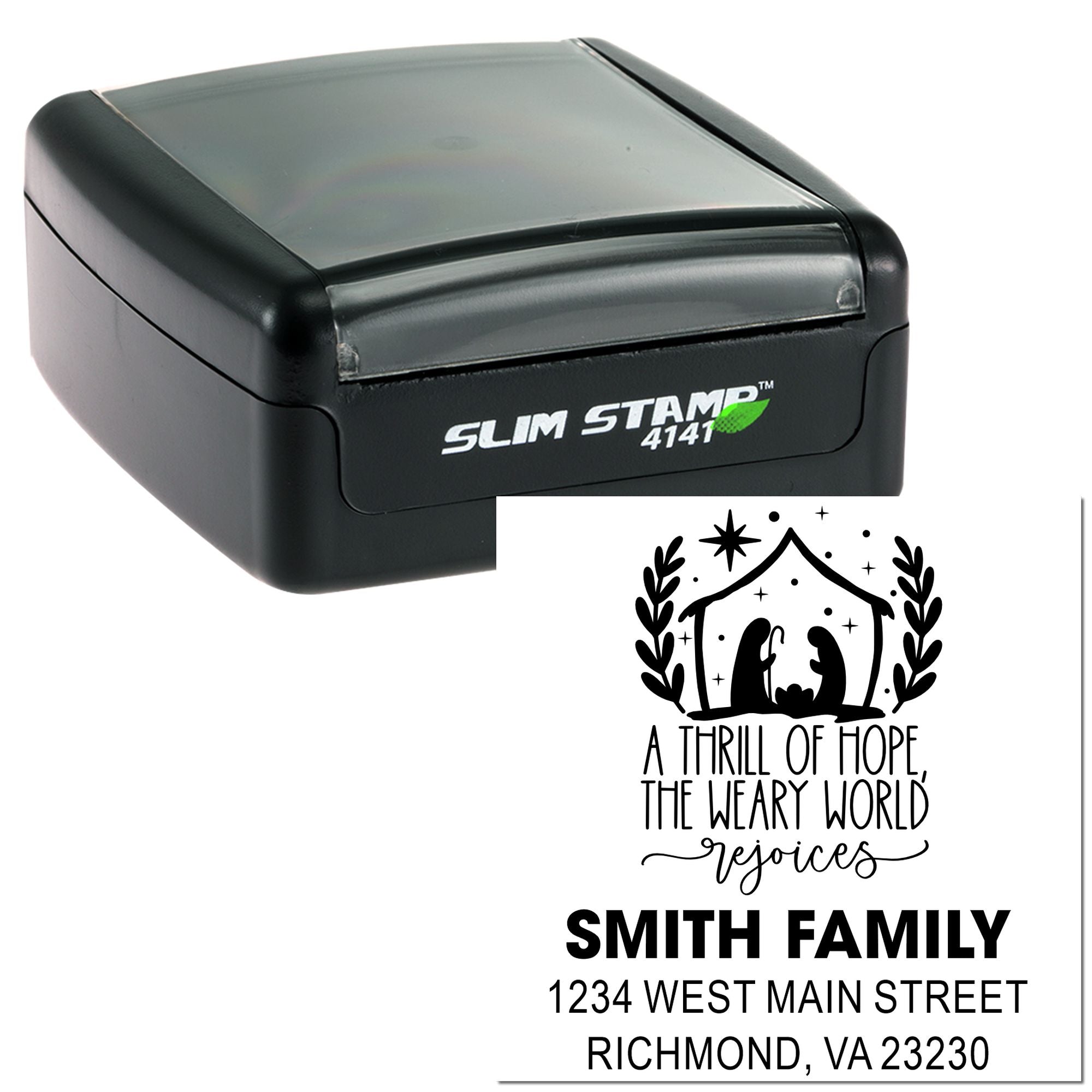 Custom self-inking personalized address stamp with nativity design, Smith Family name, and Richmond, VA address.