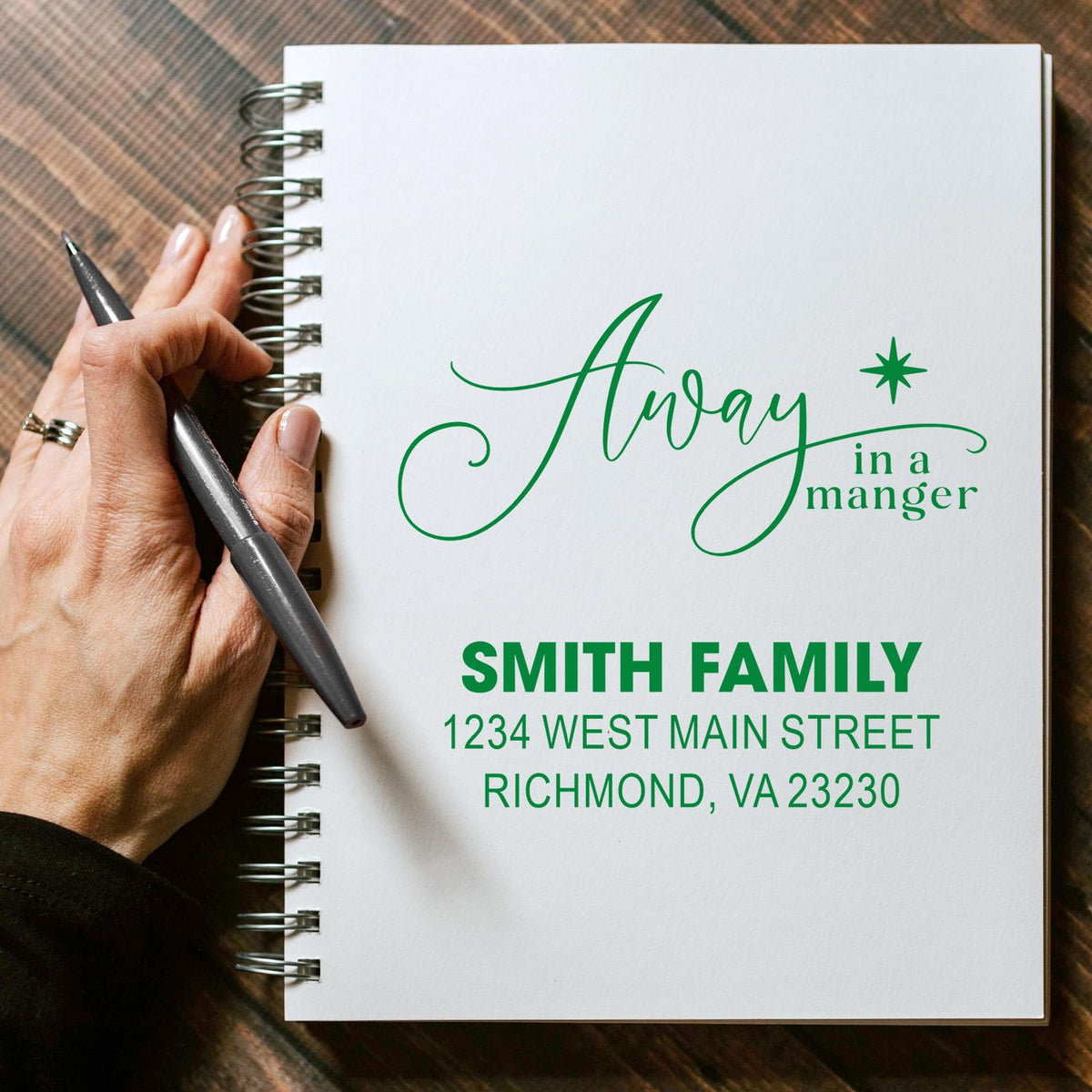 Personalized rubber stamp mockup for Away in a Manger holiday cards with Smith family return address.