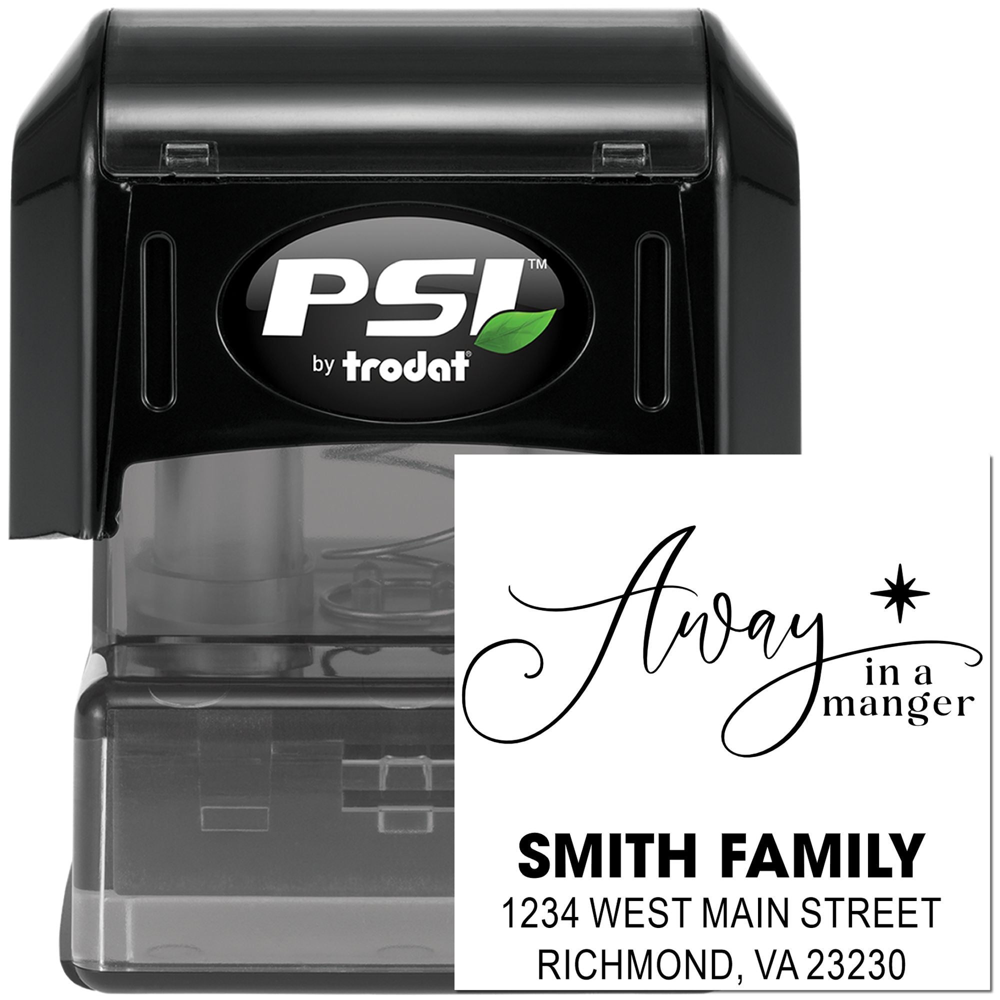 Custom PSI by Trodat self-inking rubber stamp with holiday return address design for Smith Family, featuring Away in a manger.