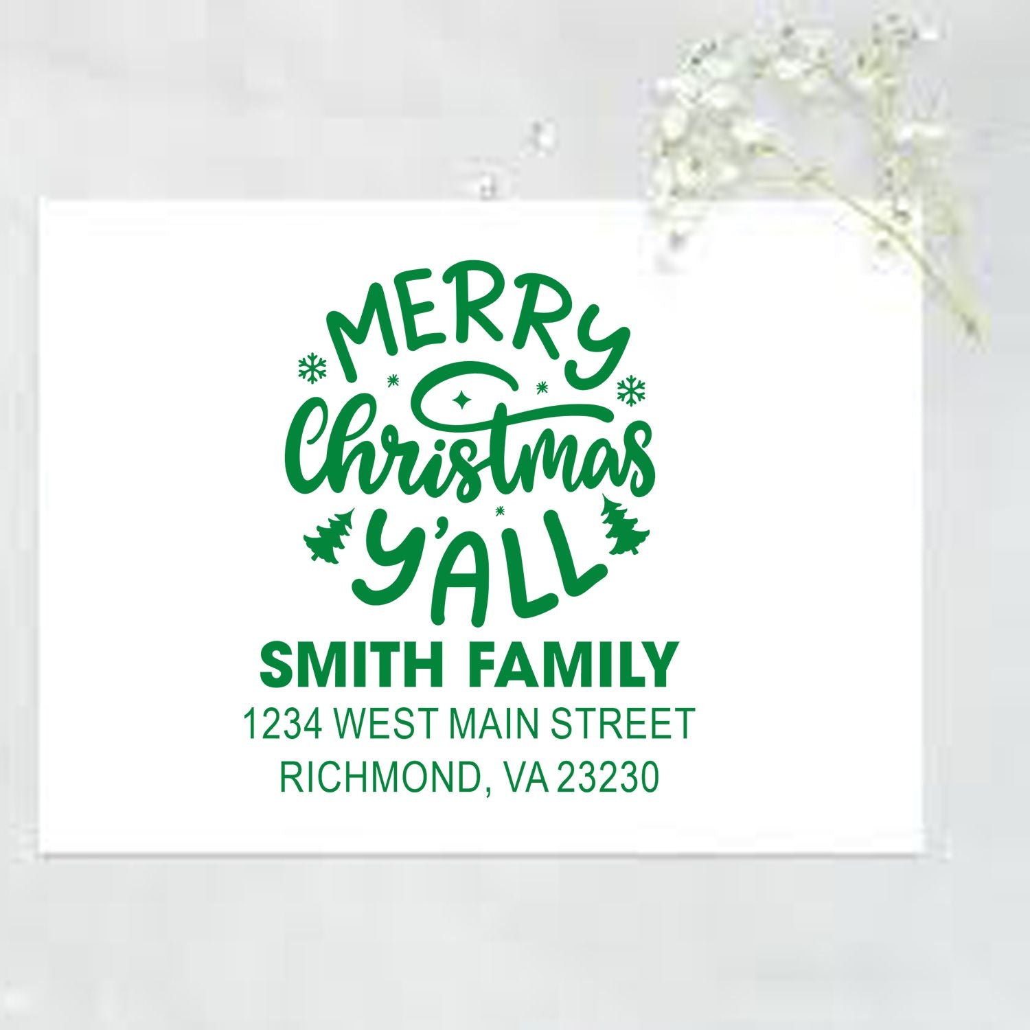 Custom Merry Christmas Yall rubber stamp with Smith Family name and address for holiday cards and festive mailings.