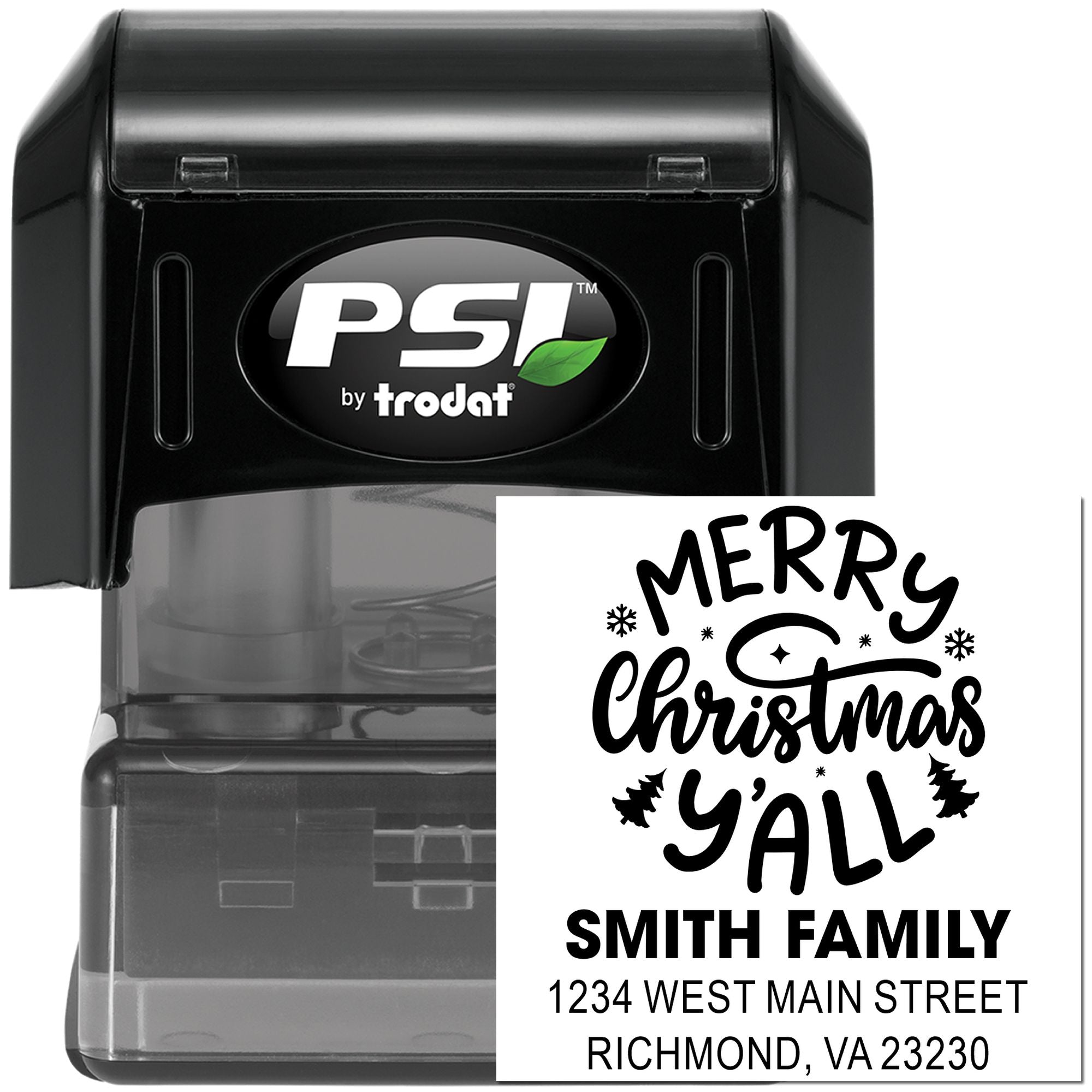 Custom self-inking rubber stamp with Merry Christmas Y'all, Smith Family address design for holiday cards and mailings.