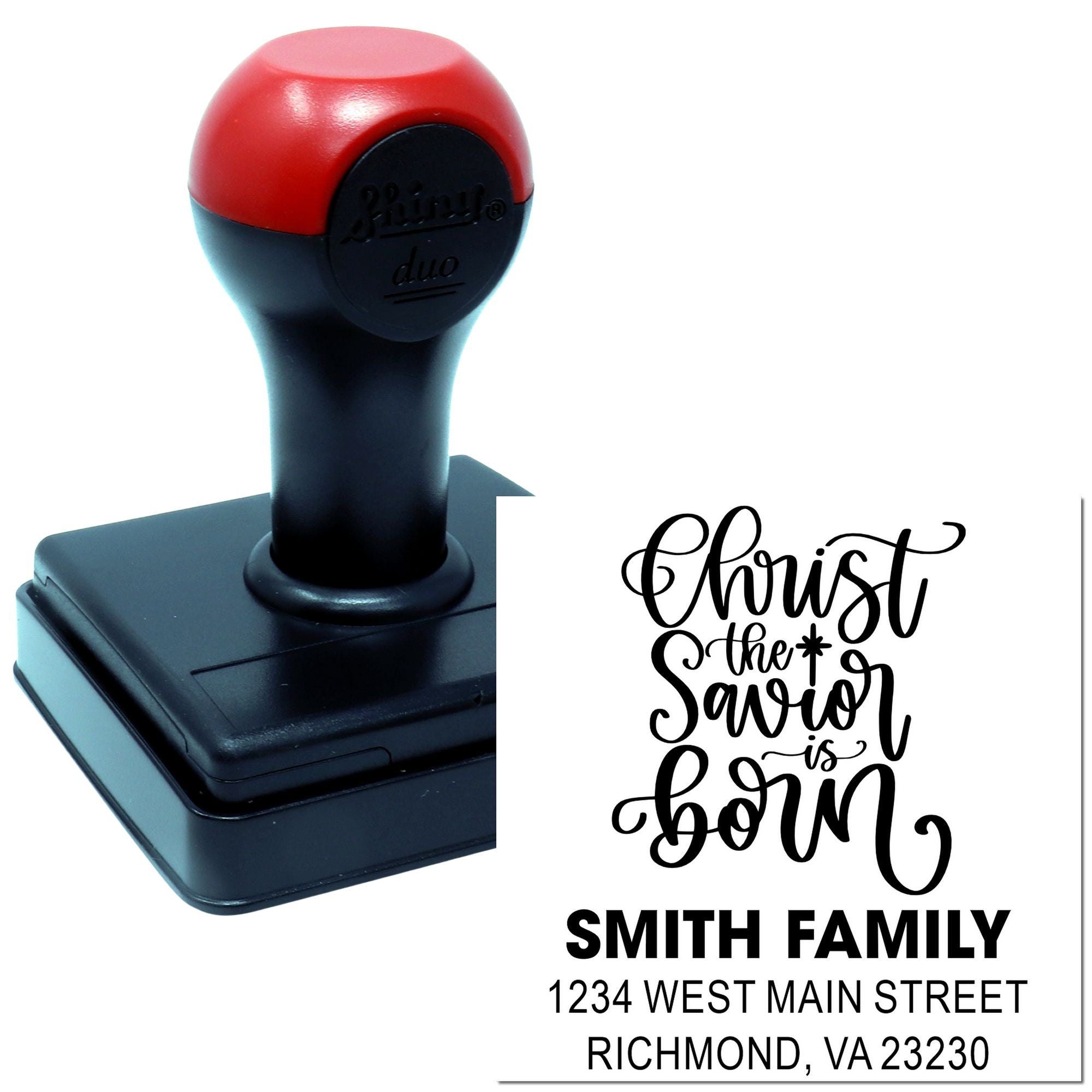 Custom self-inking rubber stamp with Christmas return address design: Christ the Savior is born for the Smith Family.