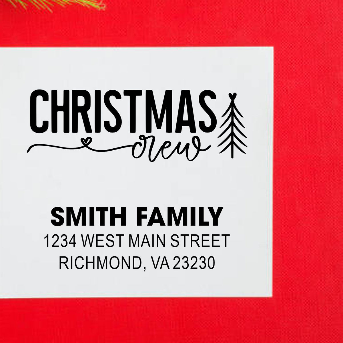 Personalized Christmas rubber stamp design with Christmas Crew, Smith family name, and return address for holiday cards.