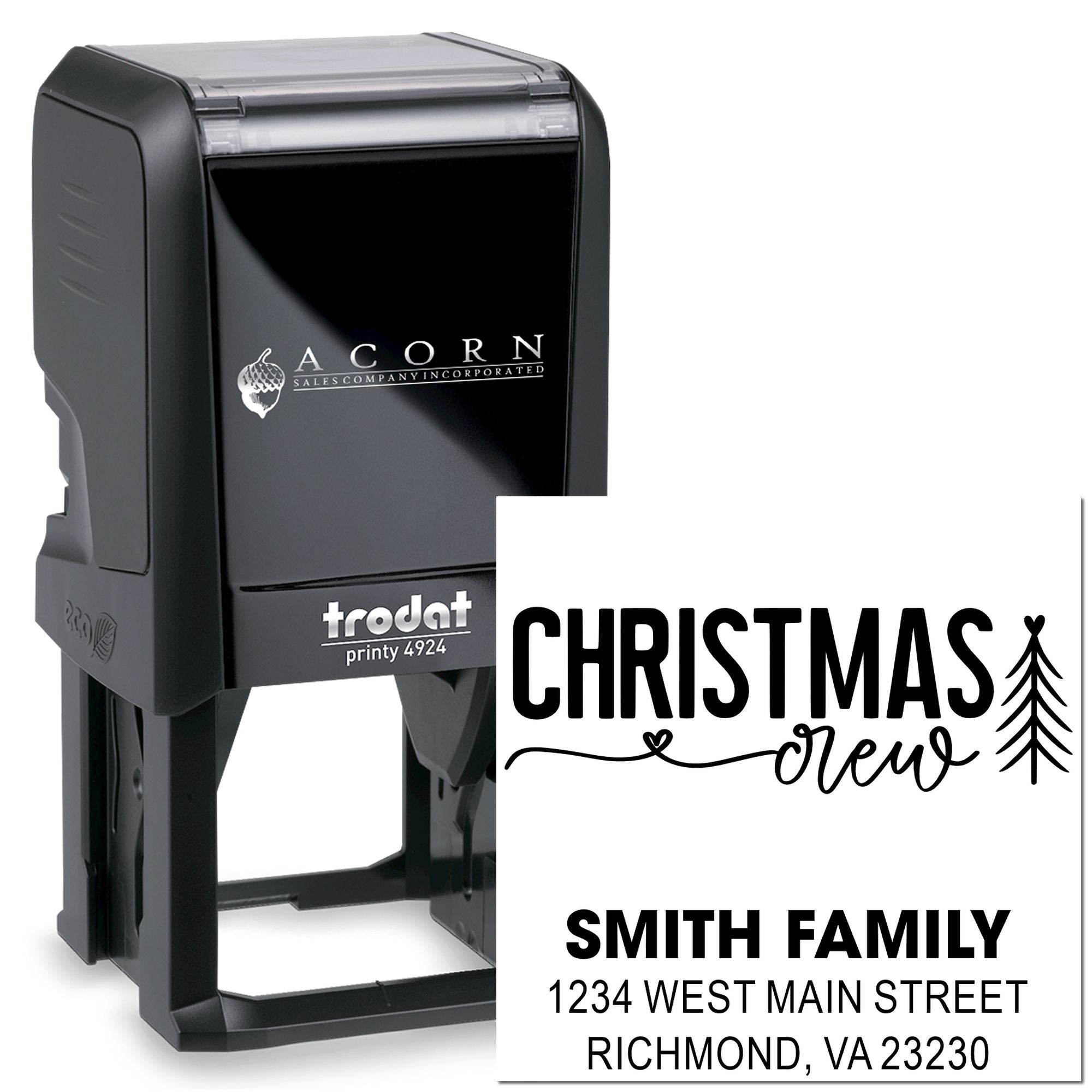 Trodat Printy 4924 self-inking rubber stamp with custom Christmas return address design for Smith Family holiday mailings.