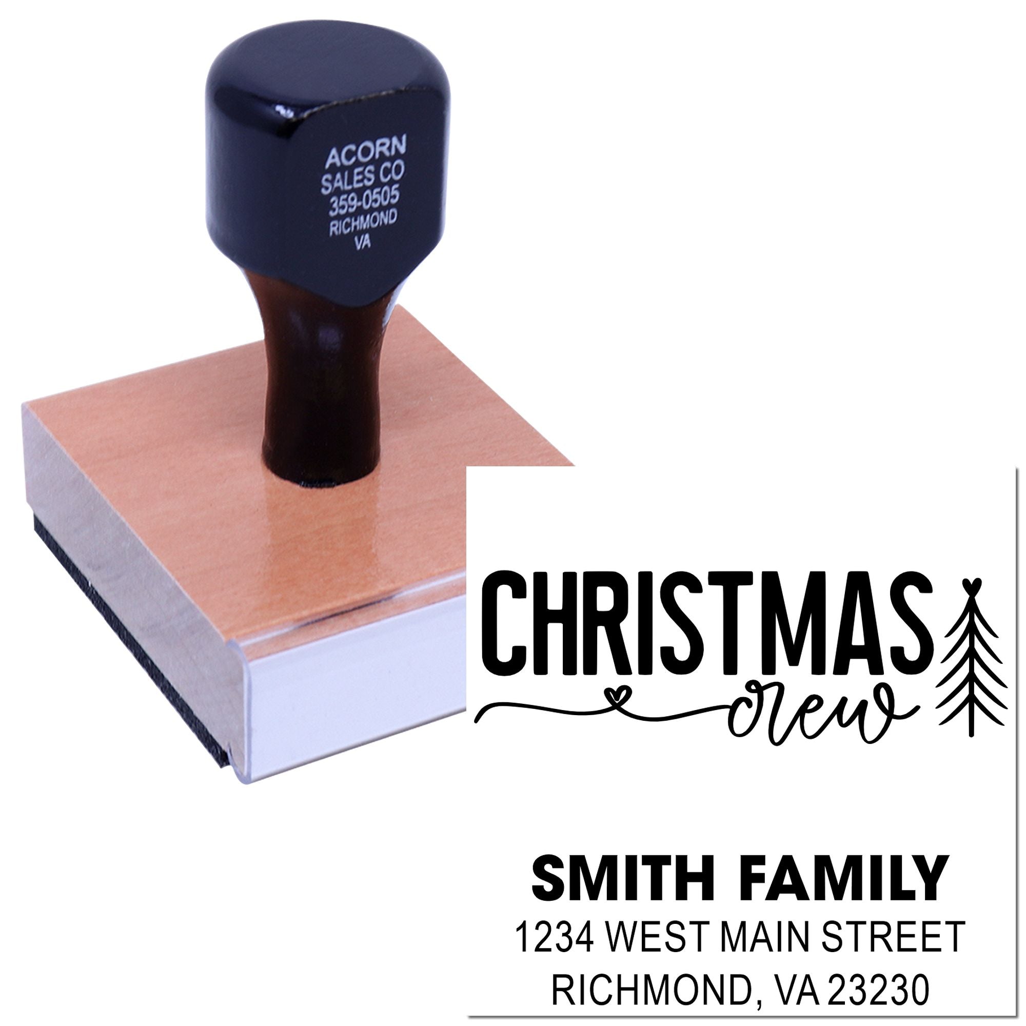 Custom Christmas return address rubber stamp with Smith family name and holiday tree design for festive mailing.