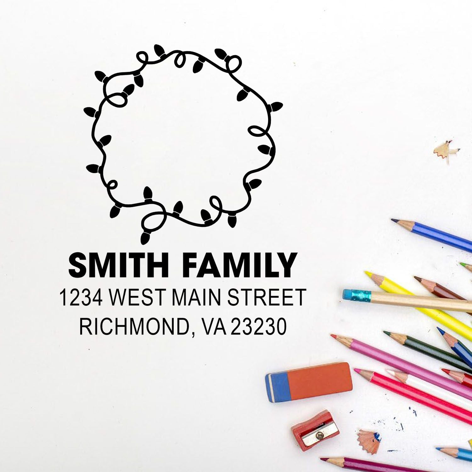 Custom family return address rubber stamp with decorative string light wreath for personalized mail and holiday cards