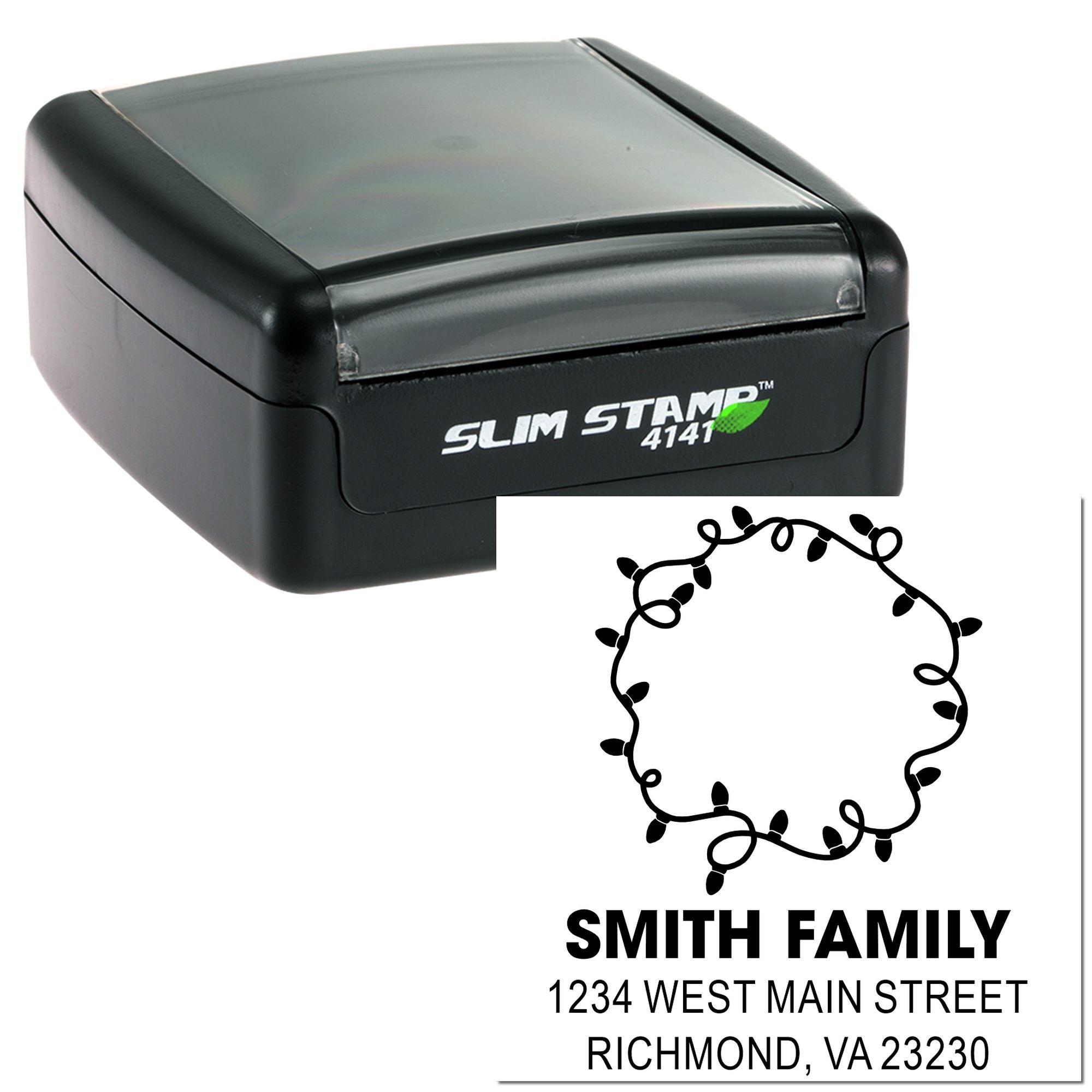 Custom self-inking address rubber stamp with Smith Family holiday light wreath design for mailing and return addresses.
