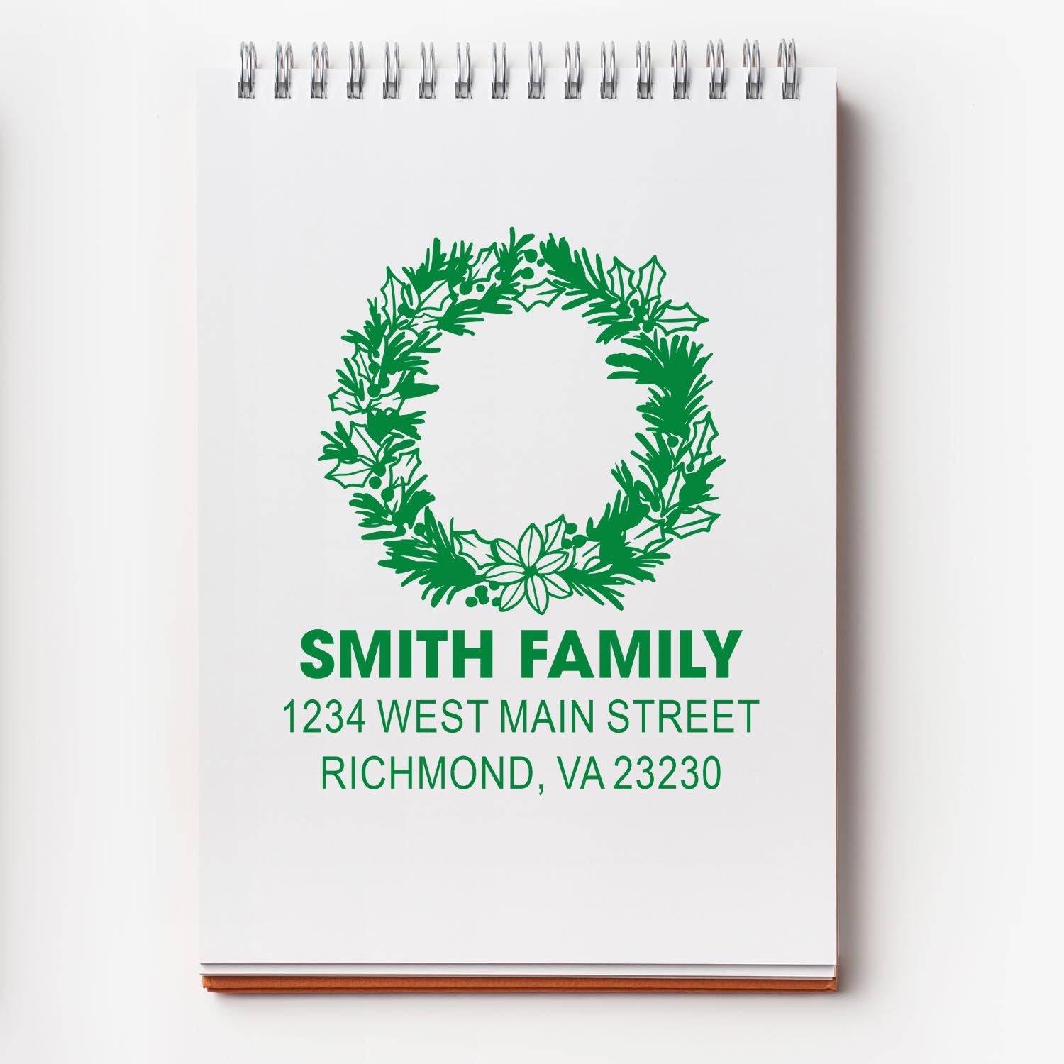 Custom holiday return address rubber stamp with festive wreath, Smith family name, and Richmond, VA address.