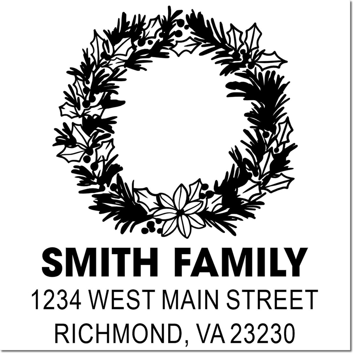 Custom Christmas return address rubber stamp with wreath design, Smith Family name, and Richmond, VA address.