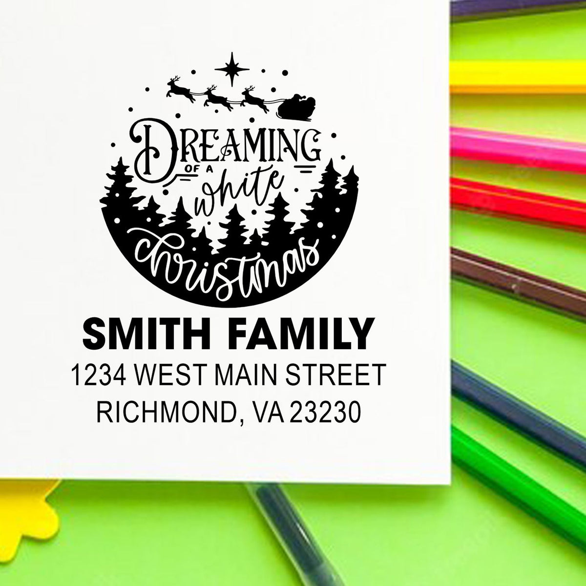 Personalized Christmas rubber stamp with Santa, reindeer and trees, featuring Smith family return address.