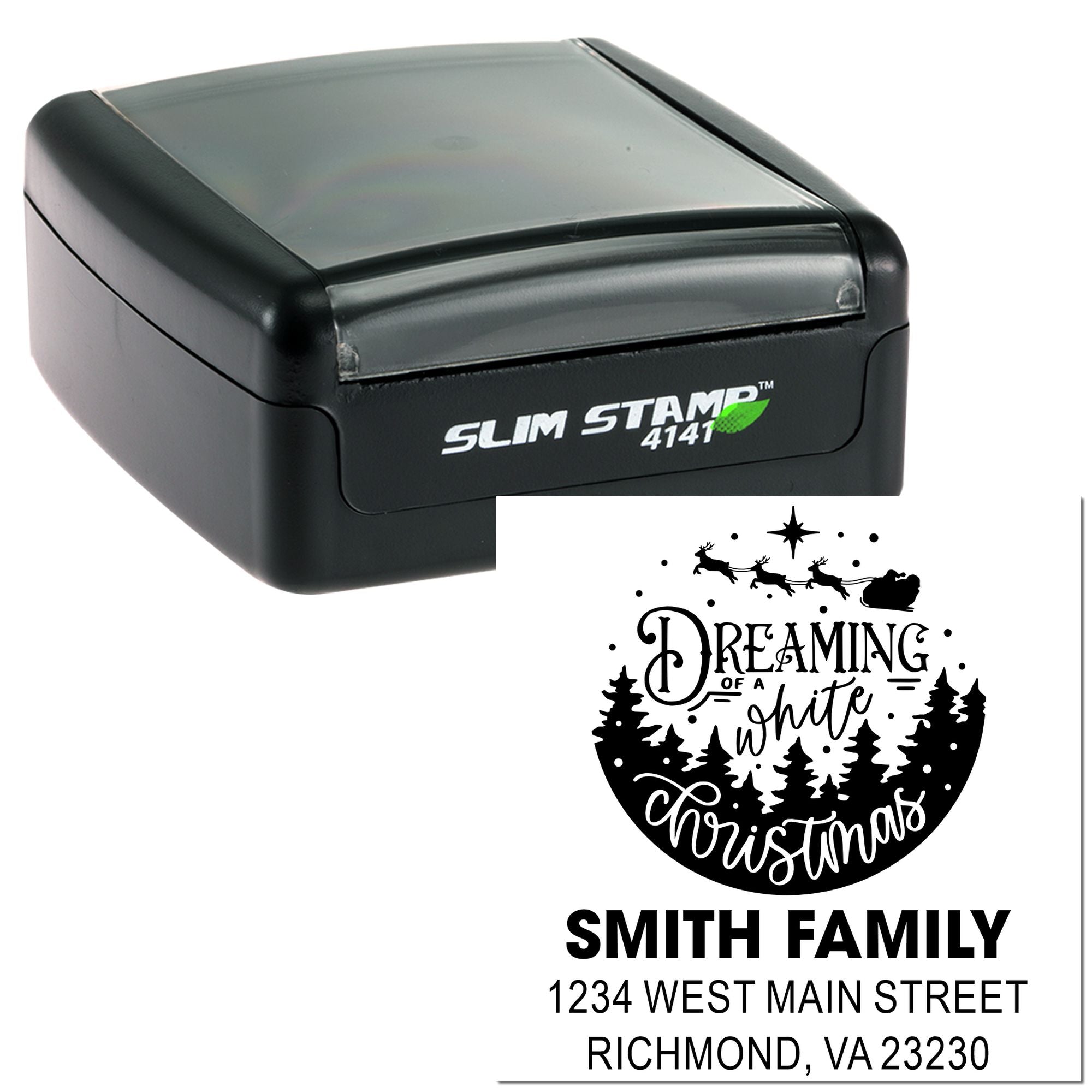 Custom self-inking rubber stamp with Christmas return address design for Smith family, Richmond VA.