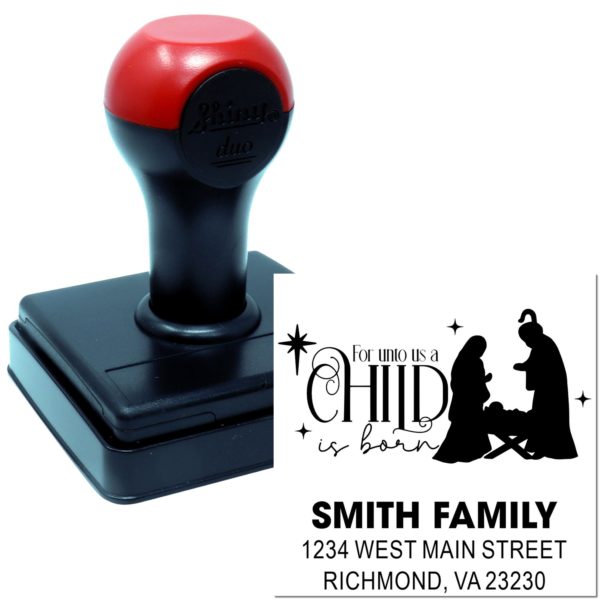 Custom self-inking Christmas rubber stamp with nativity greeting and Smith family address imprint for holiday cards