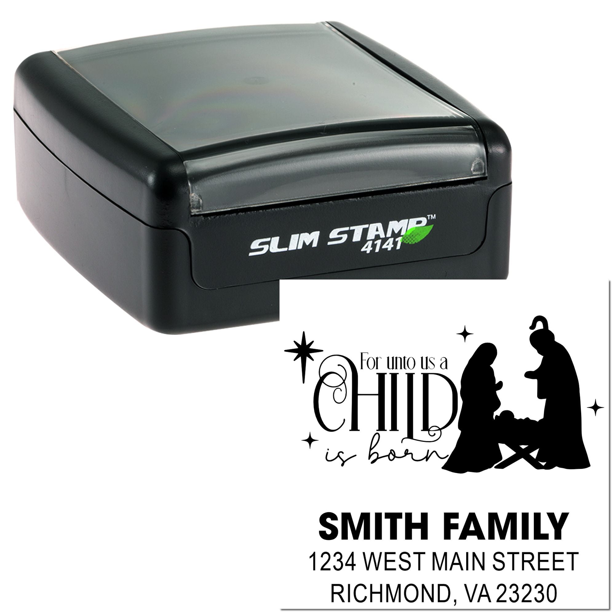 Custom self-inking nativity return address rubber stamp with For unto us a Child is born Smith Family address design.