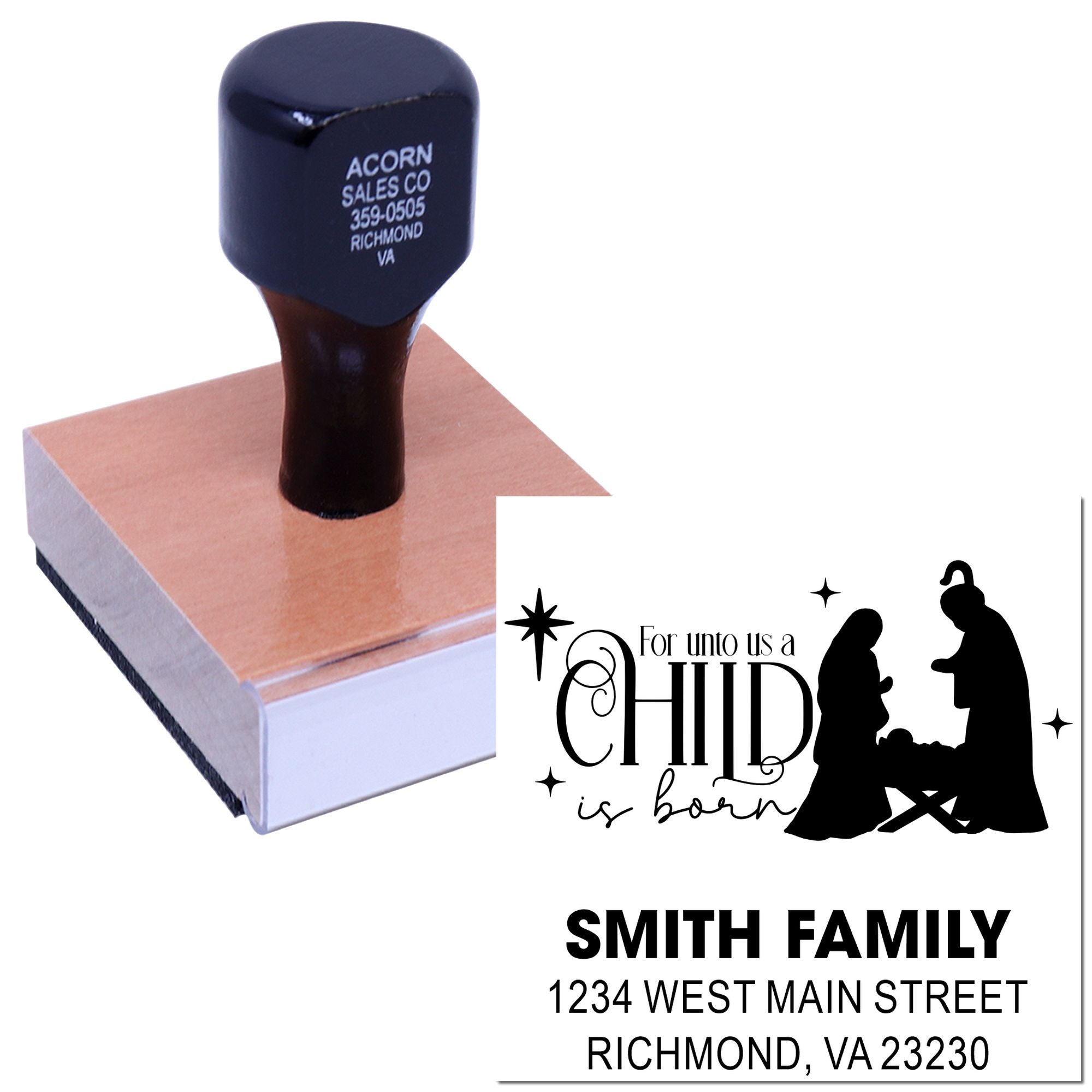 Custom rubber stamp for Christmas nativity, featuring For unto us a child is born and family return address.
