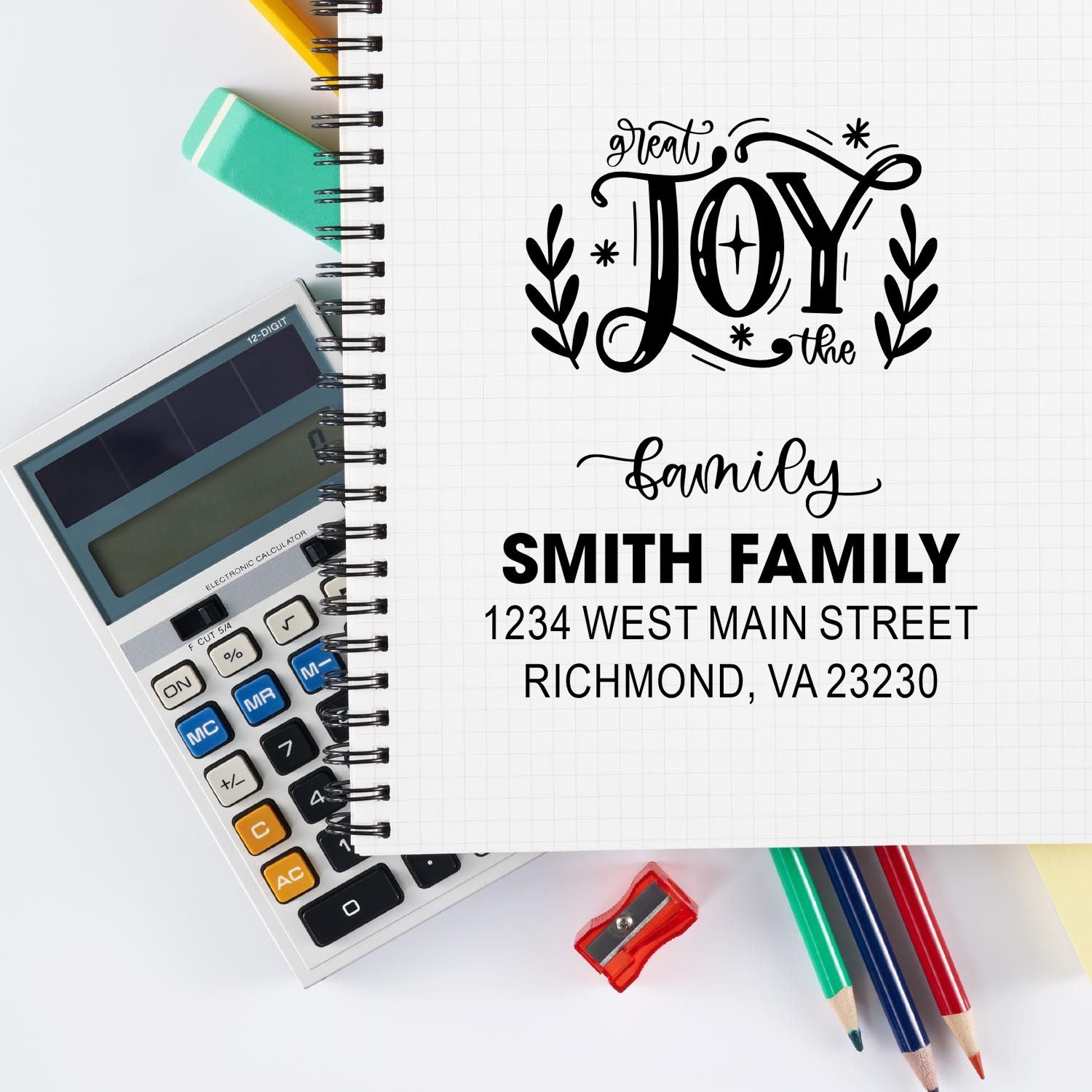 Custom family rubber stamp design with Great Joy the Family return address for personalized stationery and craft use.