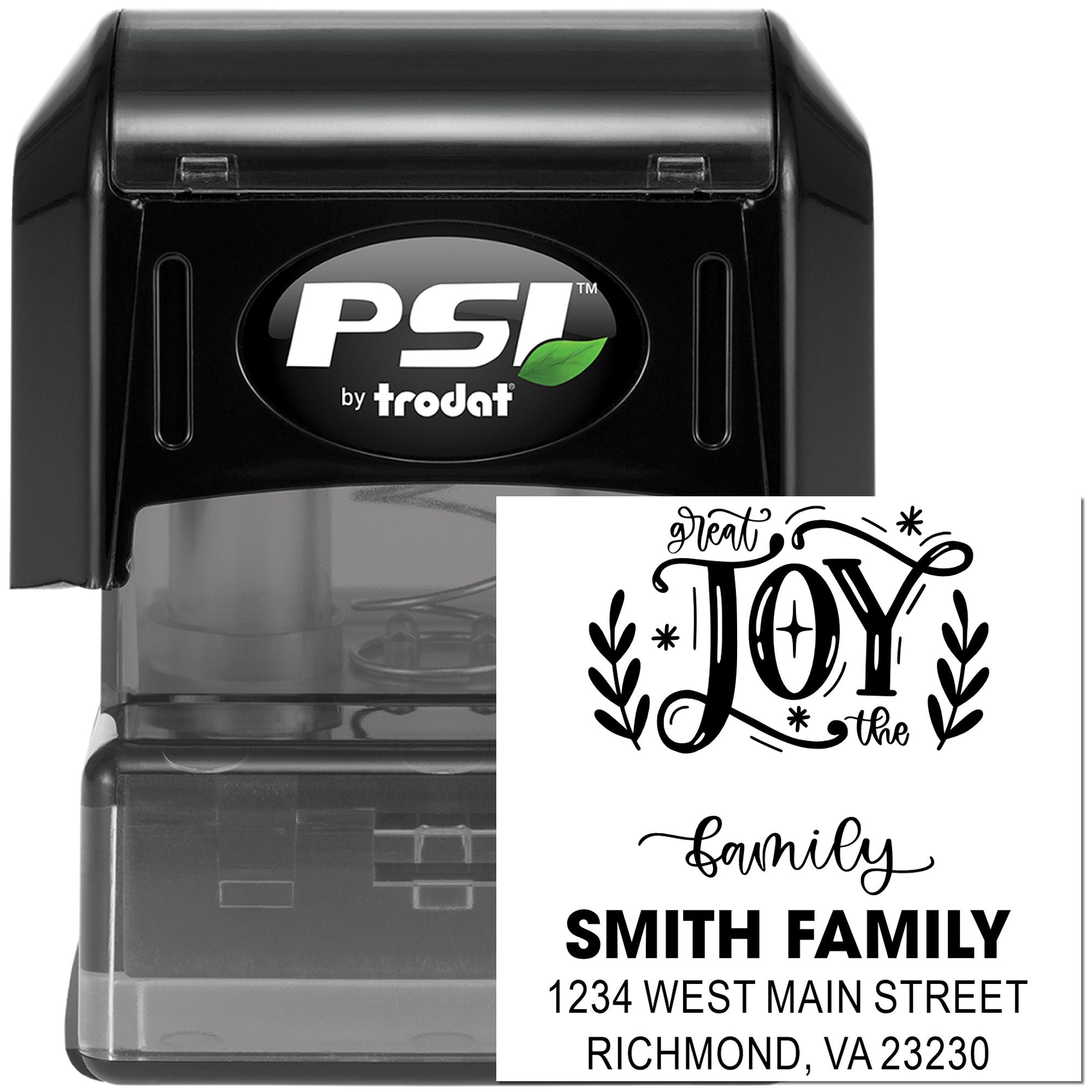 Custom self-inking rubber address stamp with Great Joy family design by PSI Trodat for personalized mailings.