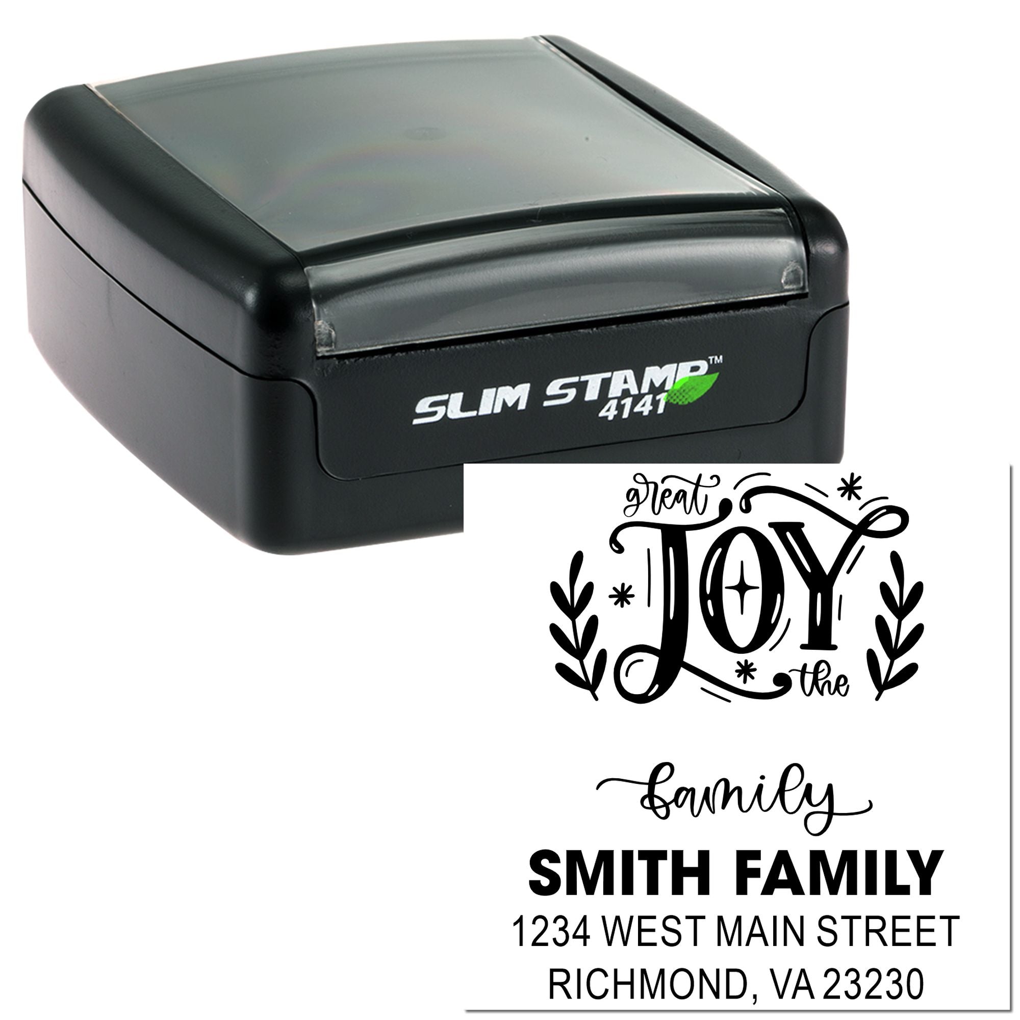 Self-inking custom rubber stamp with Joy design and Smith Family return address imprint.