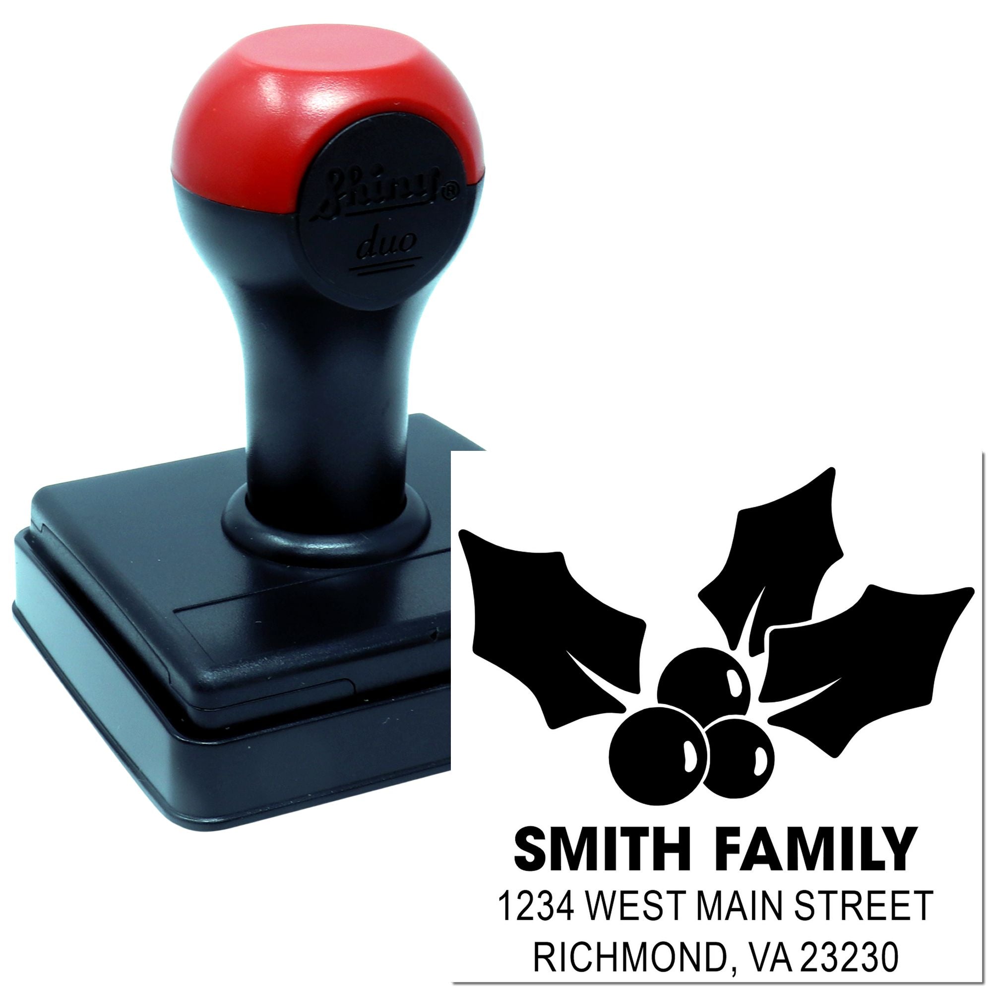 Personalized self-inking rubber address stamp with holly design for Smith family holiday mail and Richmond, VA return address.