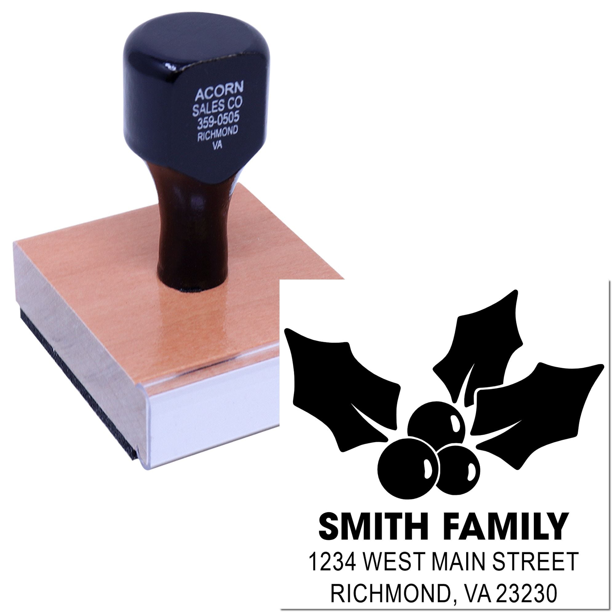 Personalized rubber stamp with Smith Family return address and holly design for holiday cards and mailing labels.