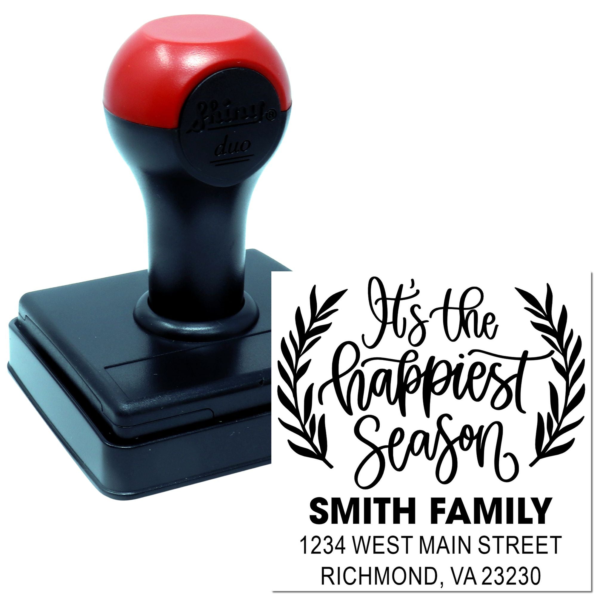 Custom self-inking rubber stamp with Its the happiest season design and Smith Family address for holiday mailing.