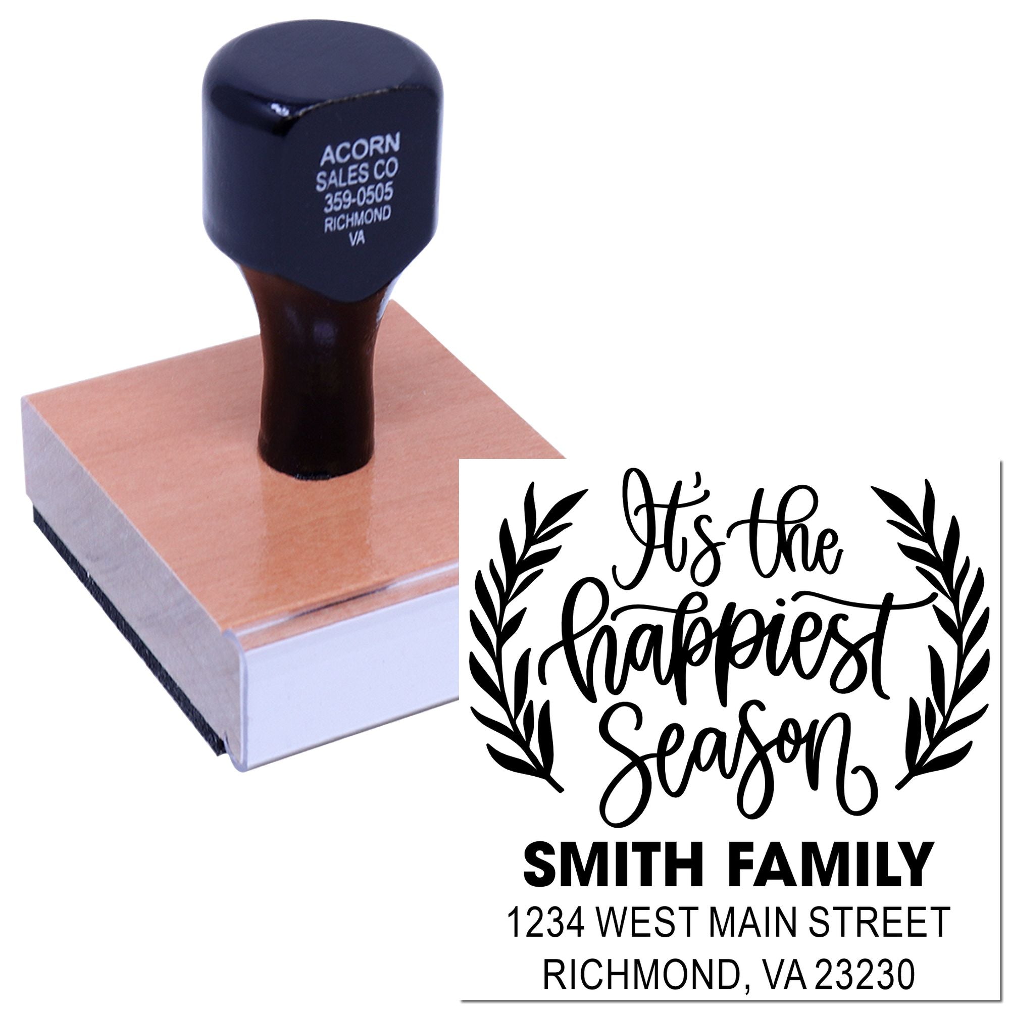 Custom rubber stamp with personalized Its the Happiest Season family return address design for holiday cards and envelopes.