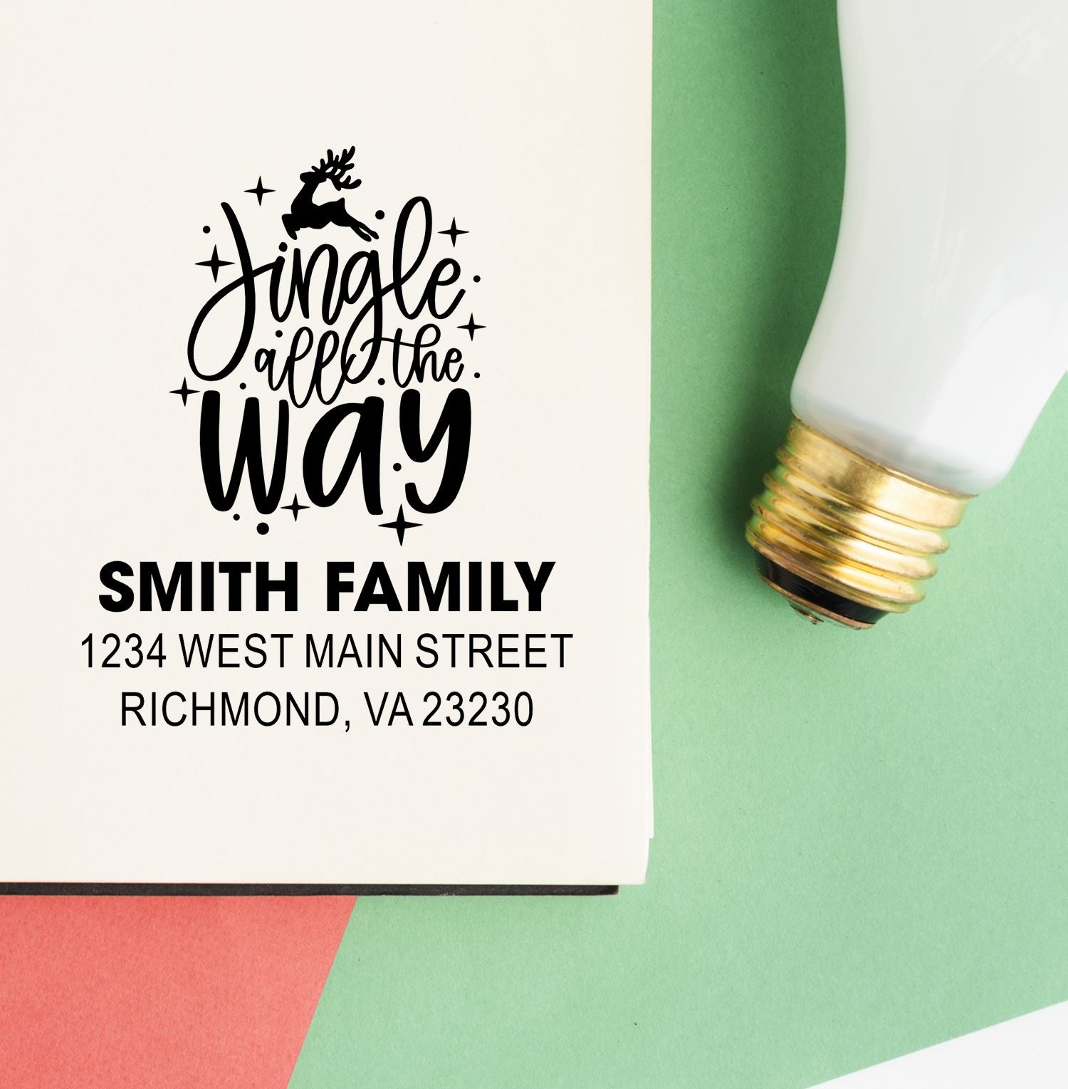 Personalized rubber address stamp with Jingle All the Way design and Smith Family address for festive holiday mail.