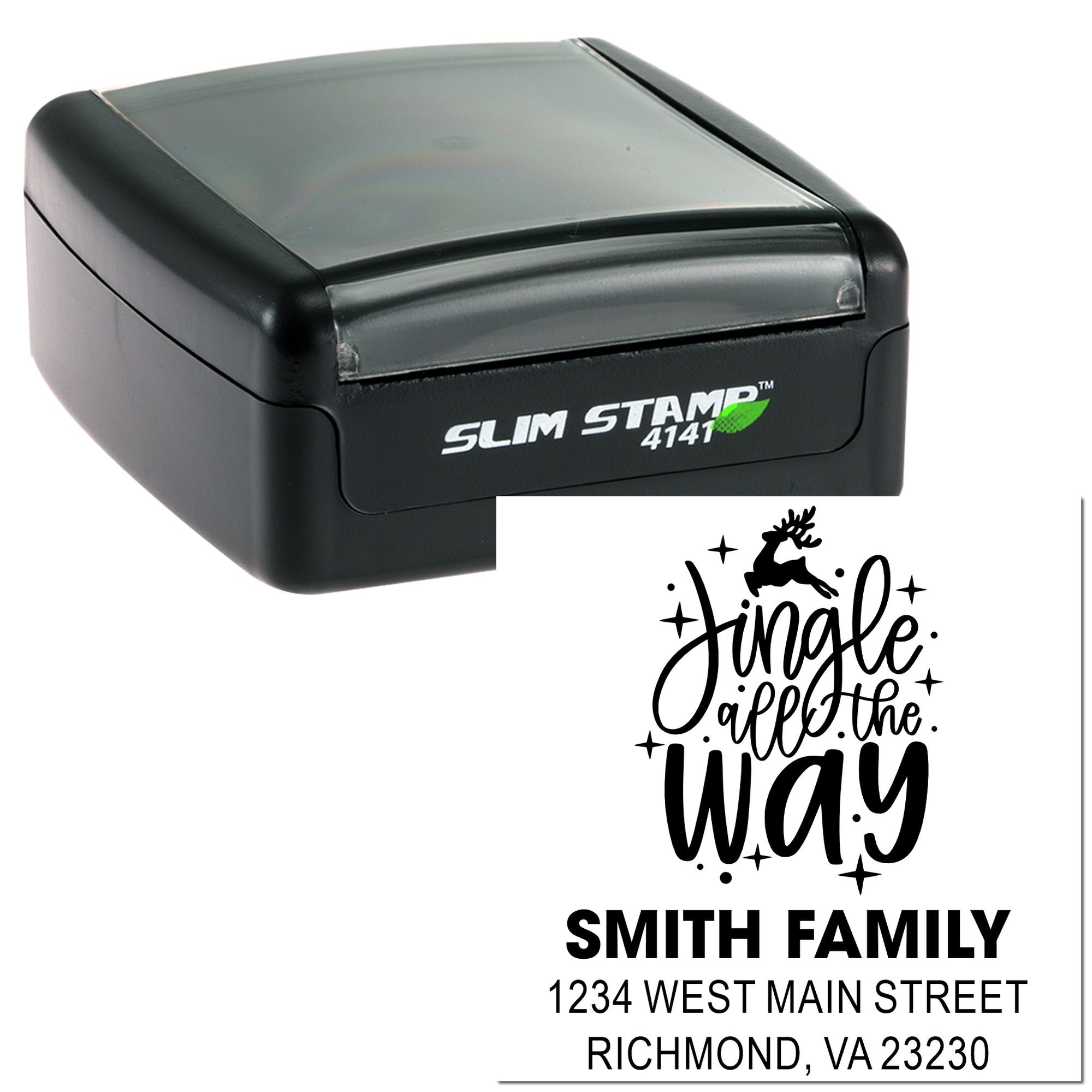 Personalized self-inking rubber stamp with holiday return address design featuring Jingle all the way for family mail.