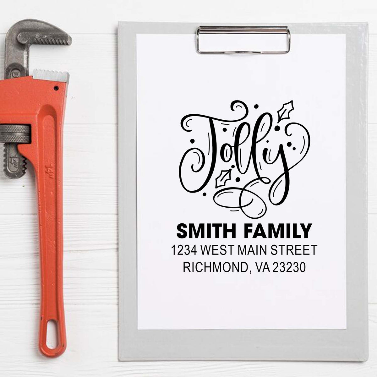 Custom return address rubber stamp for Smith Family, featuring festive Jolly lettering for holiday cards and mail.