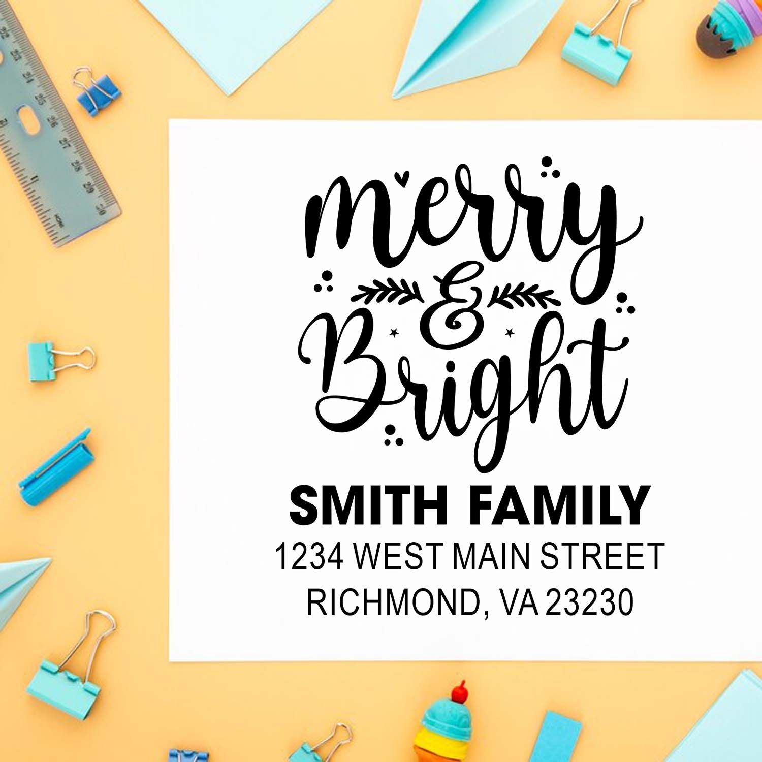 Personalized Merry & Bright return address rubber stamp for Smith Family holiday cards and envelopes.