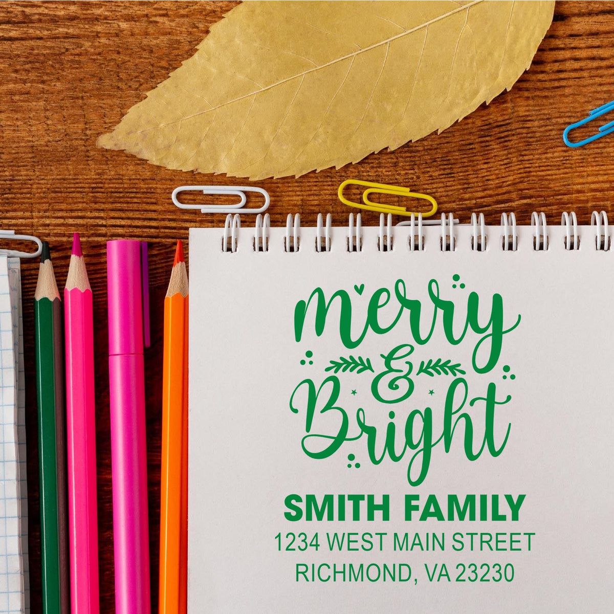 Custom Merry & Bright return address rubber stamp for holiday cards, personalized with the Smith Family name and address.