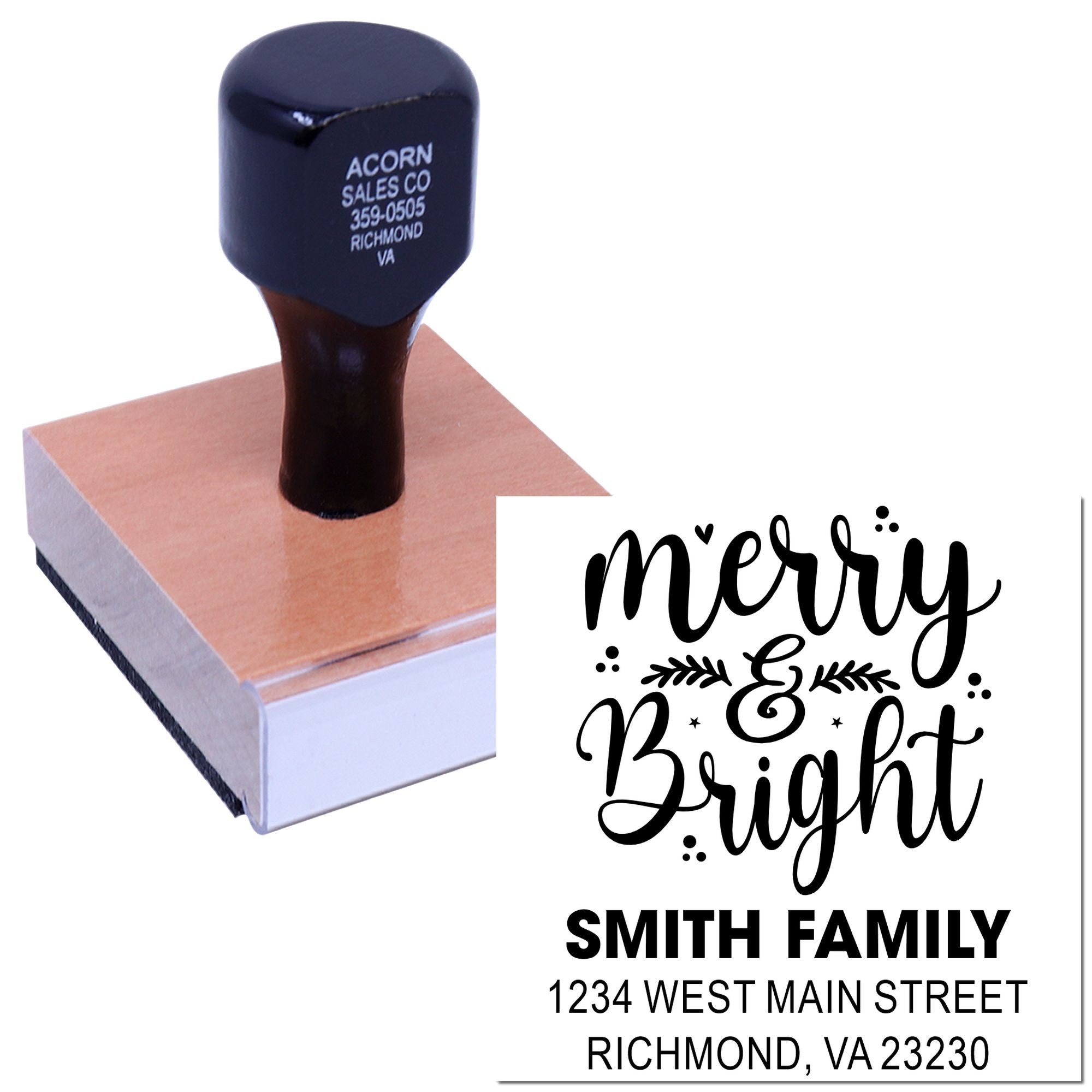 Custom Merry & Bright return address rubber stamp for holiday mailings, with Smith family name and Richmond, VA address.