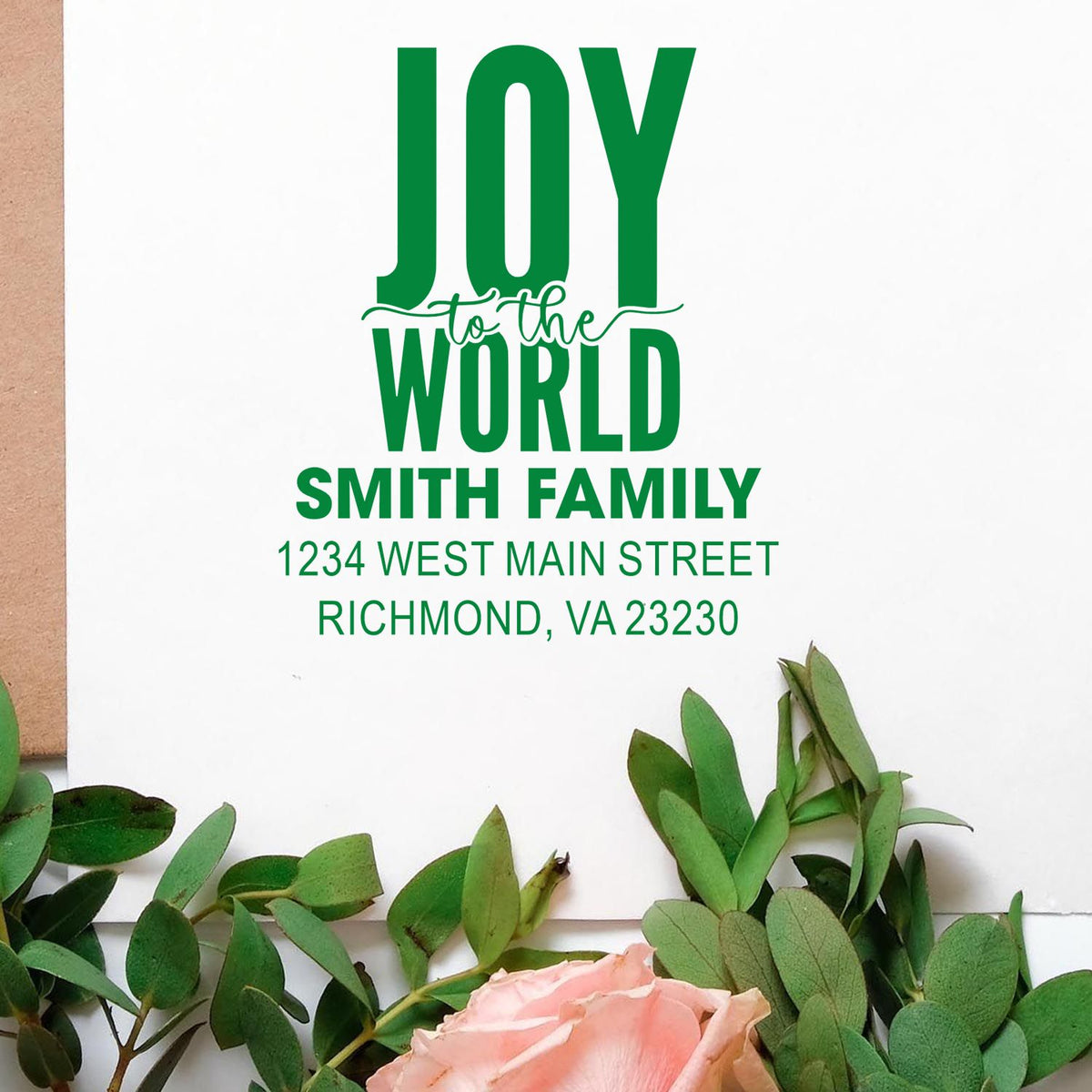 Custom Joy to the World family holiday address rubber stamp, Smith Family, Richmond VA 23230, for Christmas cards and gifts.