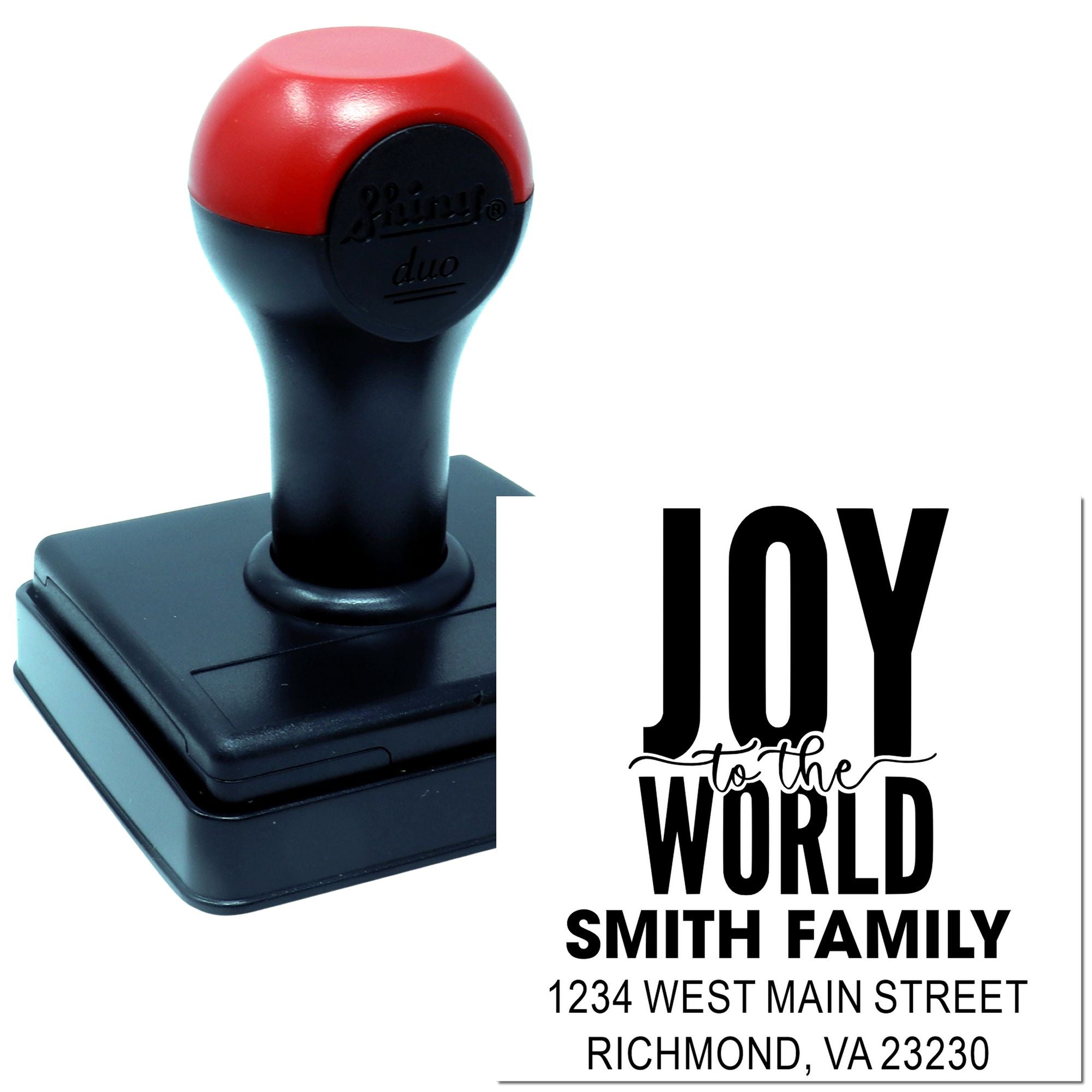 Personalized self-inking rubber stamp with Joy to the World return address design for holiday cards and envelopes.
