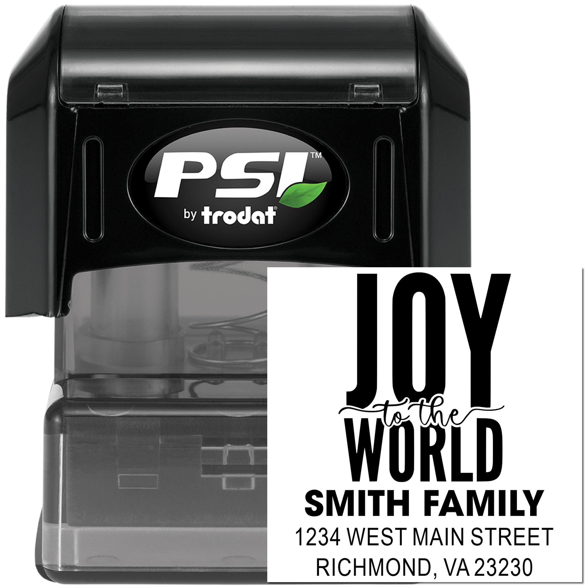 PSI by Trodat custom self-inking rubber address stamp with Joy to the World design, Smith Family name, and Richmond, VA address