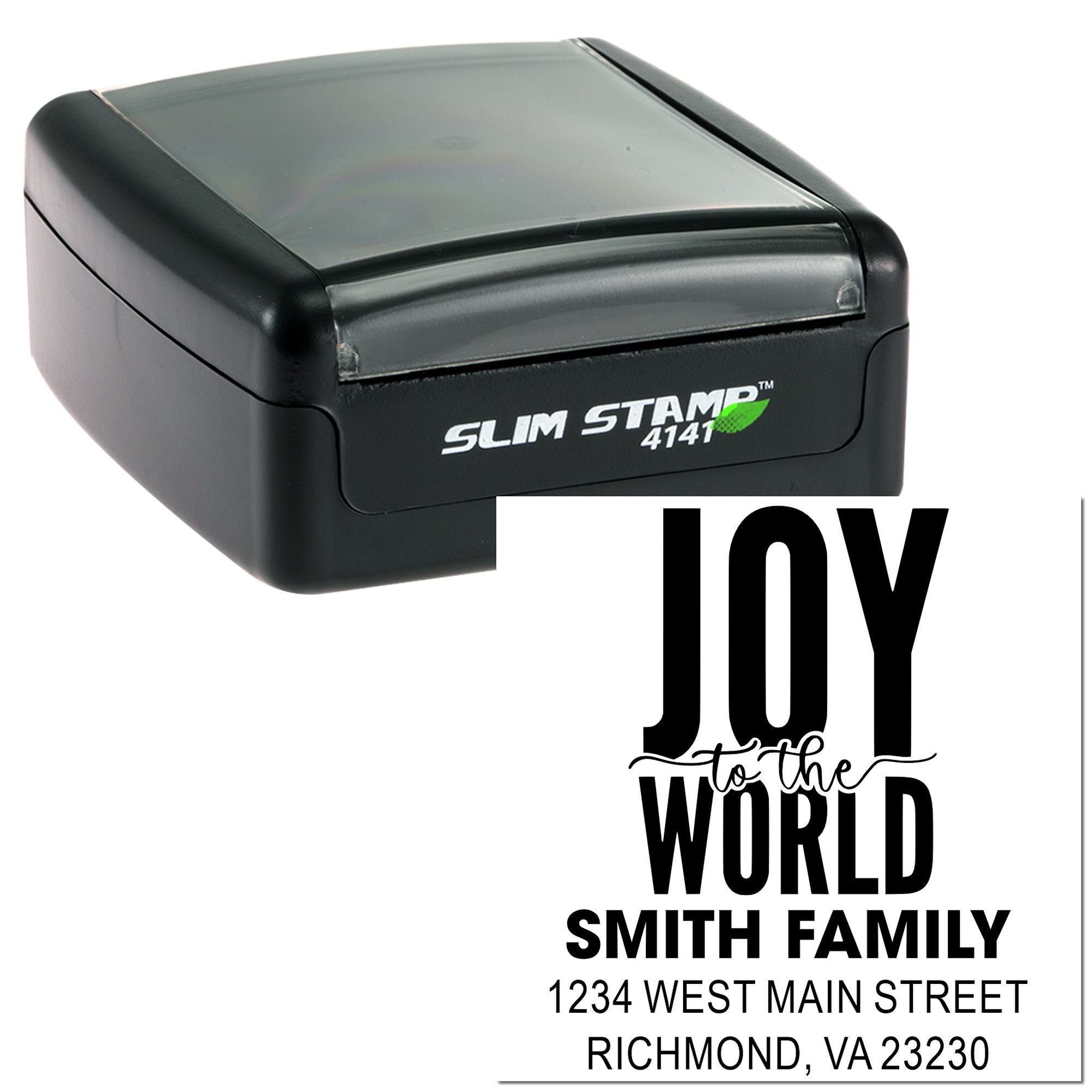 Custom slim rubber address stamp with Joy to the World Smith family holiday return address design for envelopes.