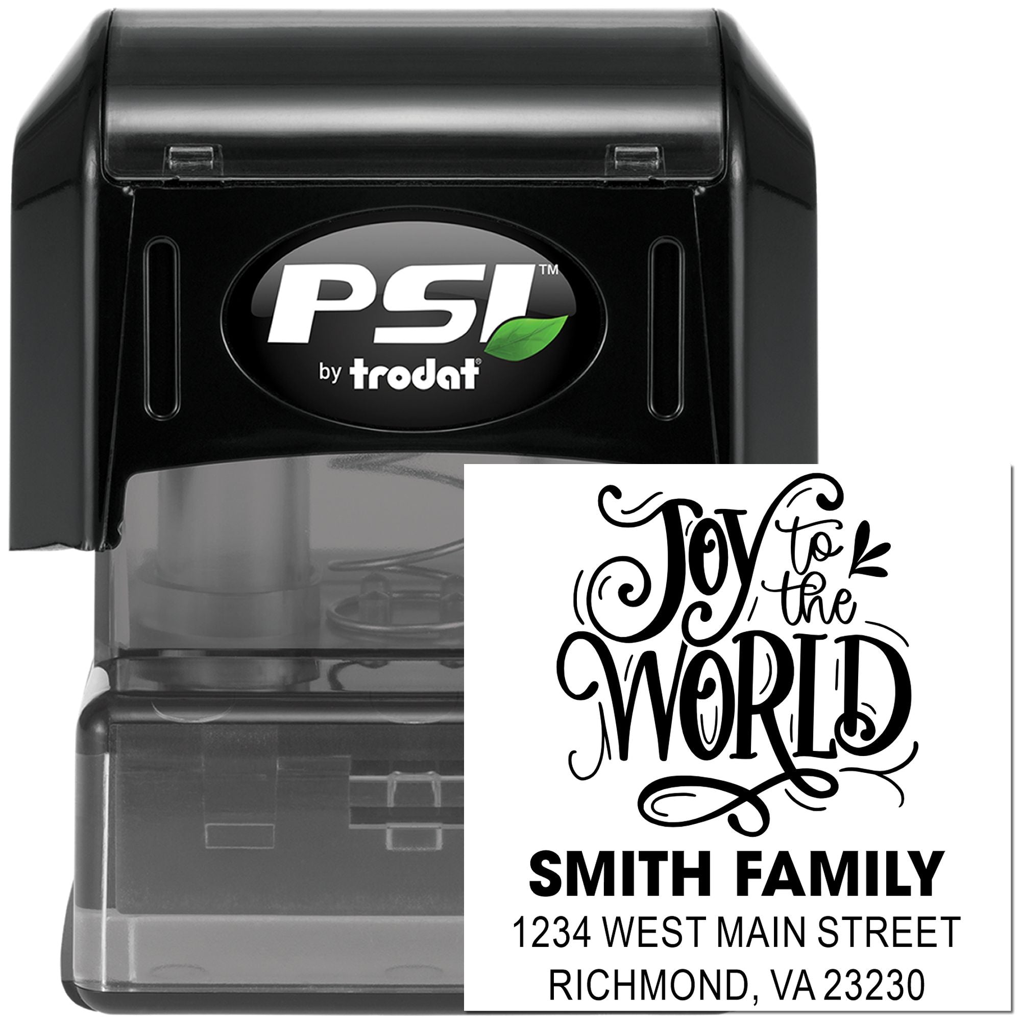 PSI by Trodat self-inking rubber stamp with custom Joy to the World Smith Family address design.