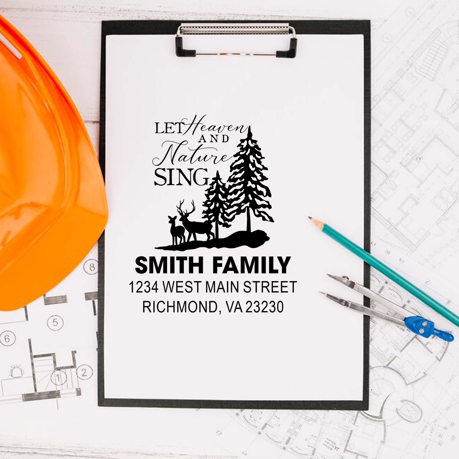 Personalized family address rubber stamp with pine tree and deer design for return mail and rustic home branding.