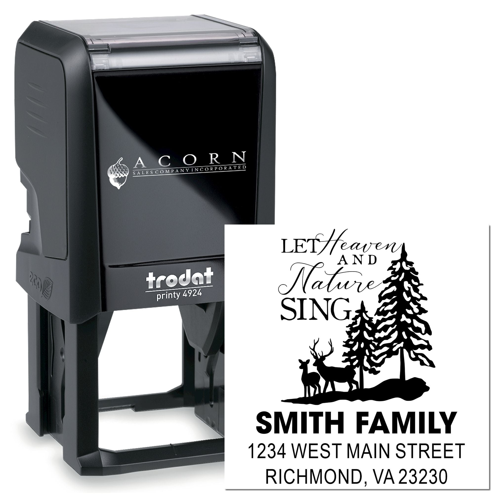 Custom self-inking rubber stamp with forest deer design and family return address, Trodat Printy 4924.