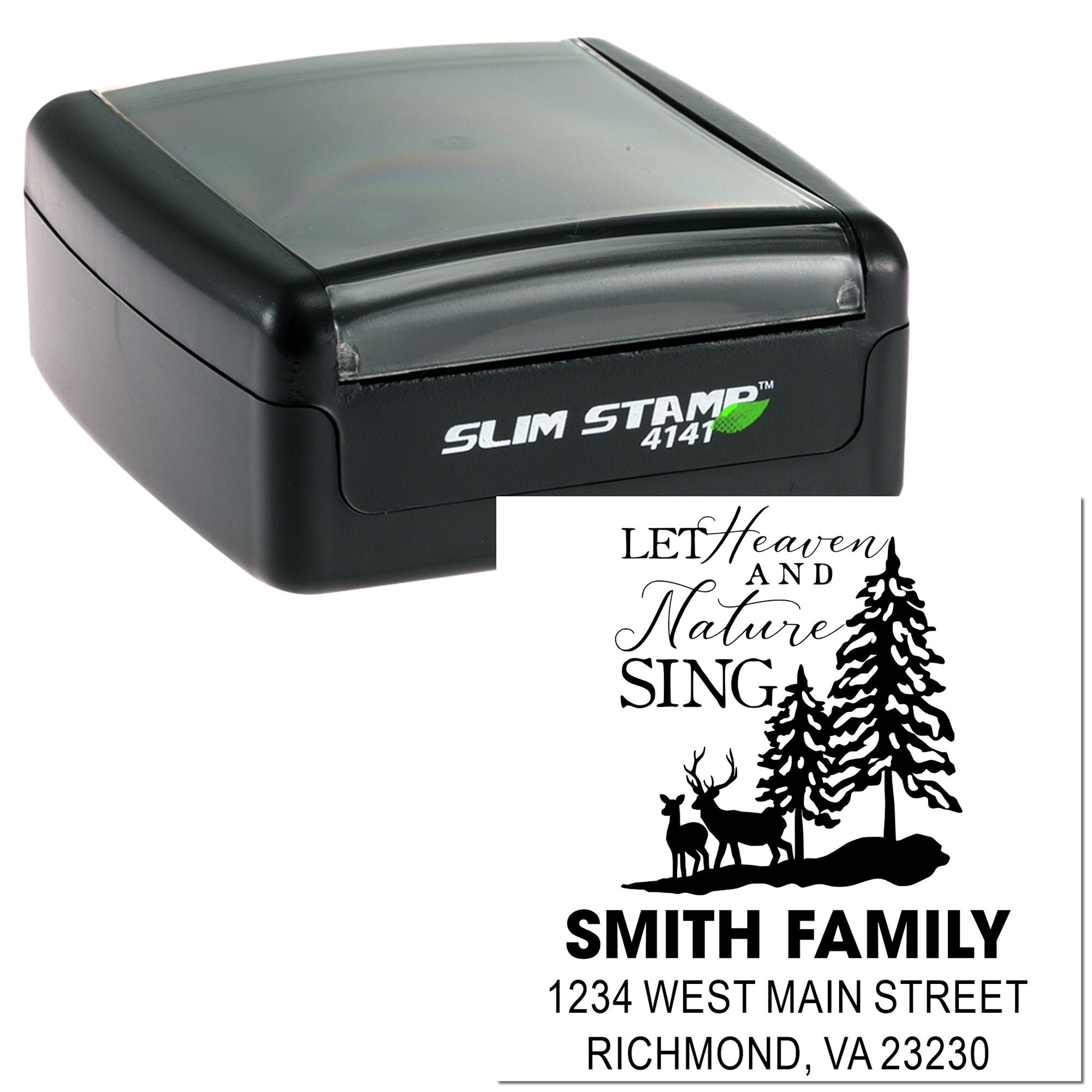 Custom self-inking rubber address stamp with Let Heaven and Nature Sing holiday family design and Smith Family return address
