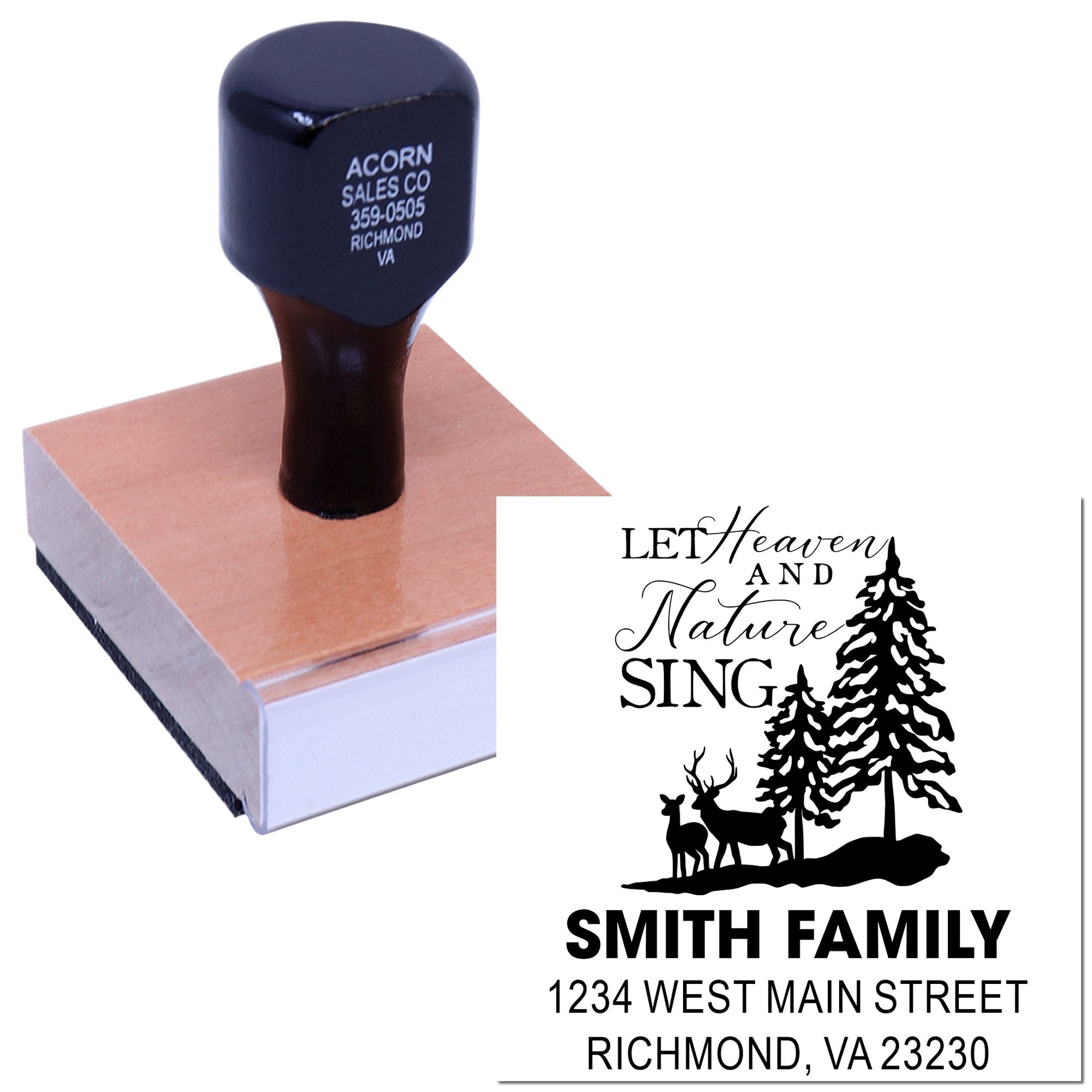 Custom rubber stamp for personalized address labels, featuring family name, nature design, and return address.
