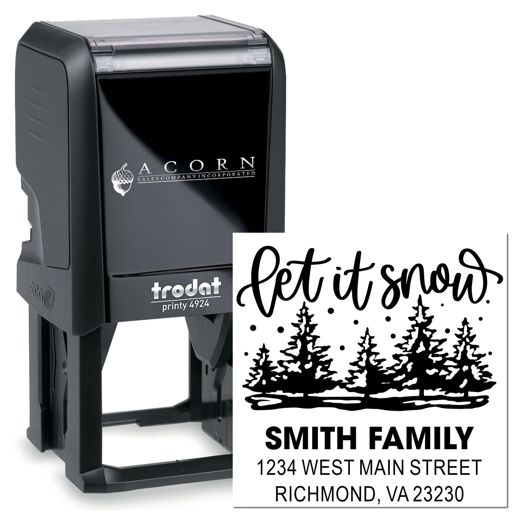 Trodat Printy self-inking rubber address stamp with holiday trees and Smith Family return address