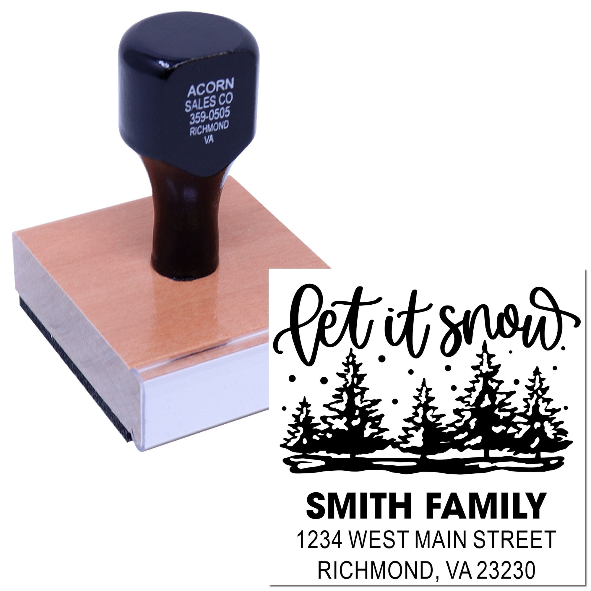 Personalized self-inking rubber stamp with holiday "Let It Snow" design and Smith Family return address.