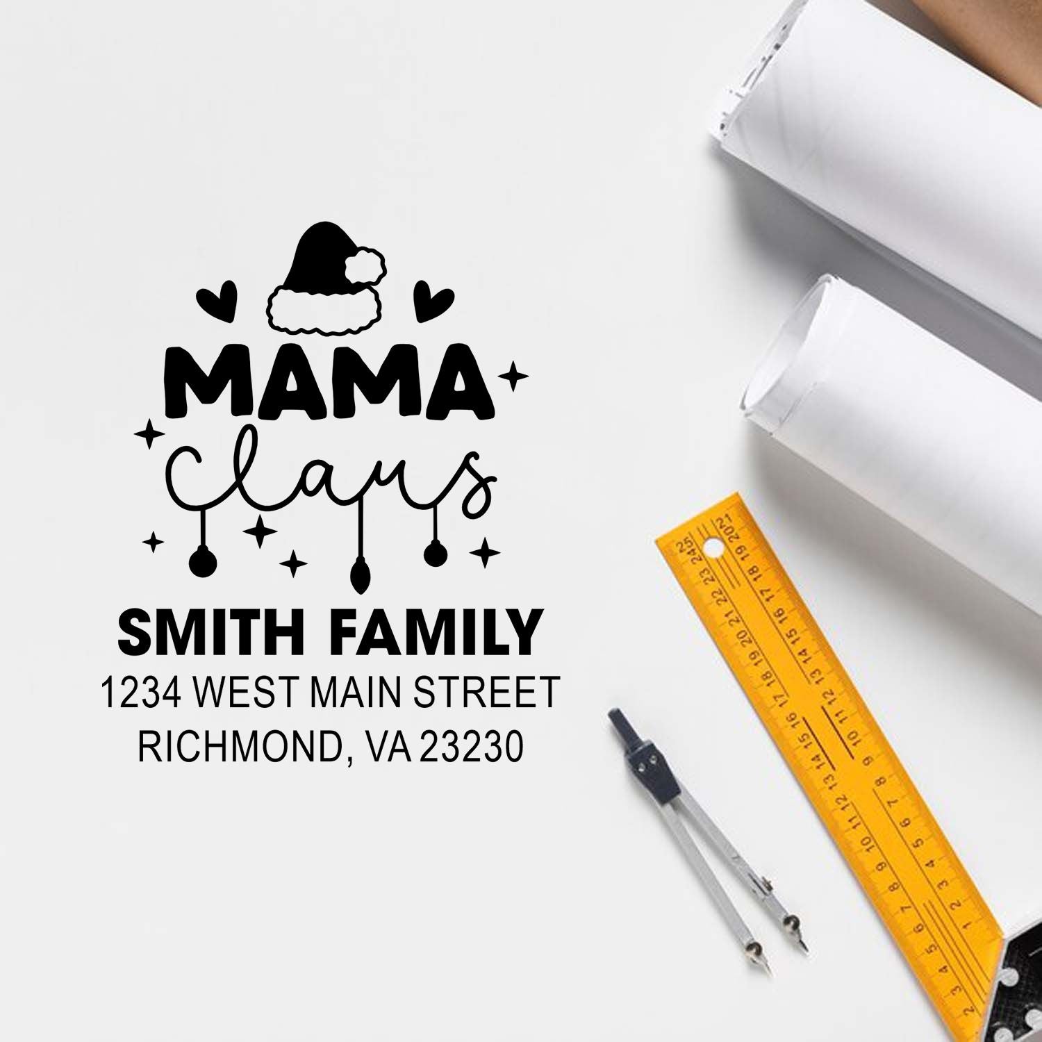 Custom MAMA Claus address rubber stamp for Smith Family, personalized Christmas return address stamp