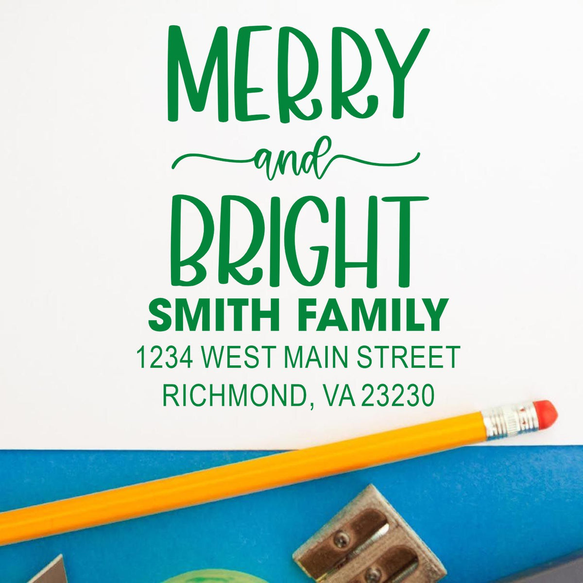 Custom Merry and Bright holiday return address rubber stamp for Smith Family, Richmond, VA mailing label.