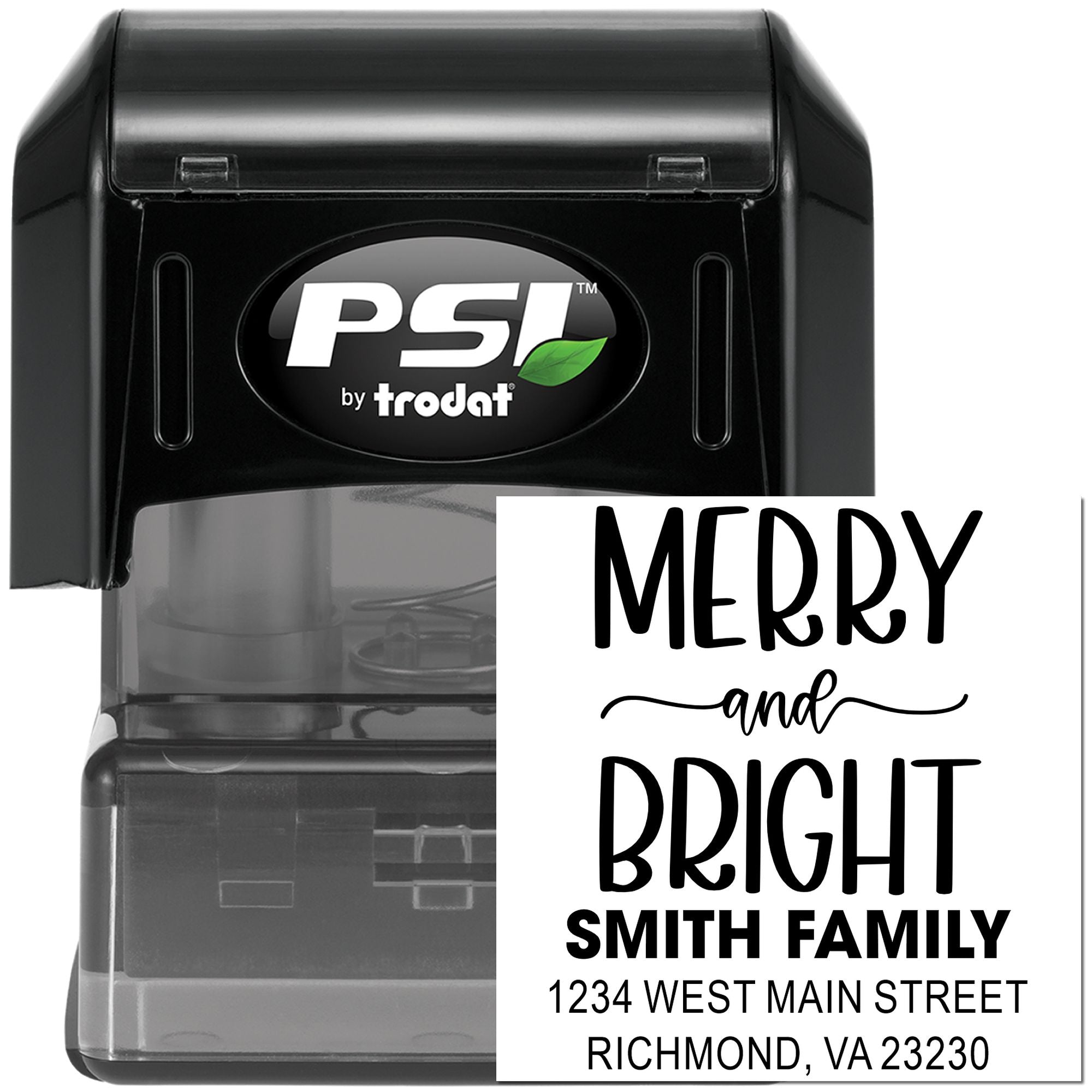 Custom self-inking rubber address stamp with Merry and Bright Smith Family return address design by PSI by Trodat