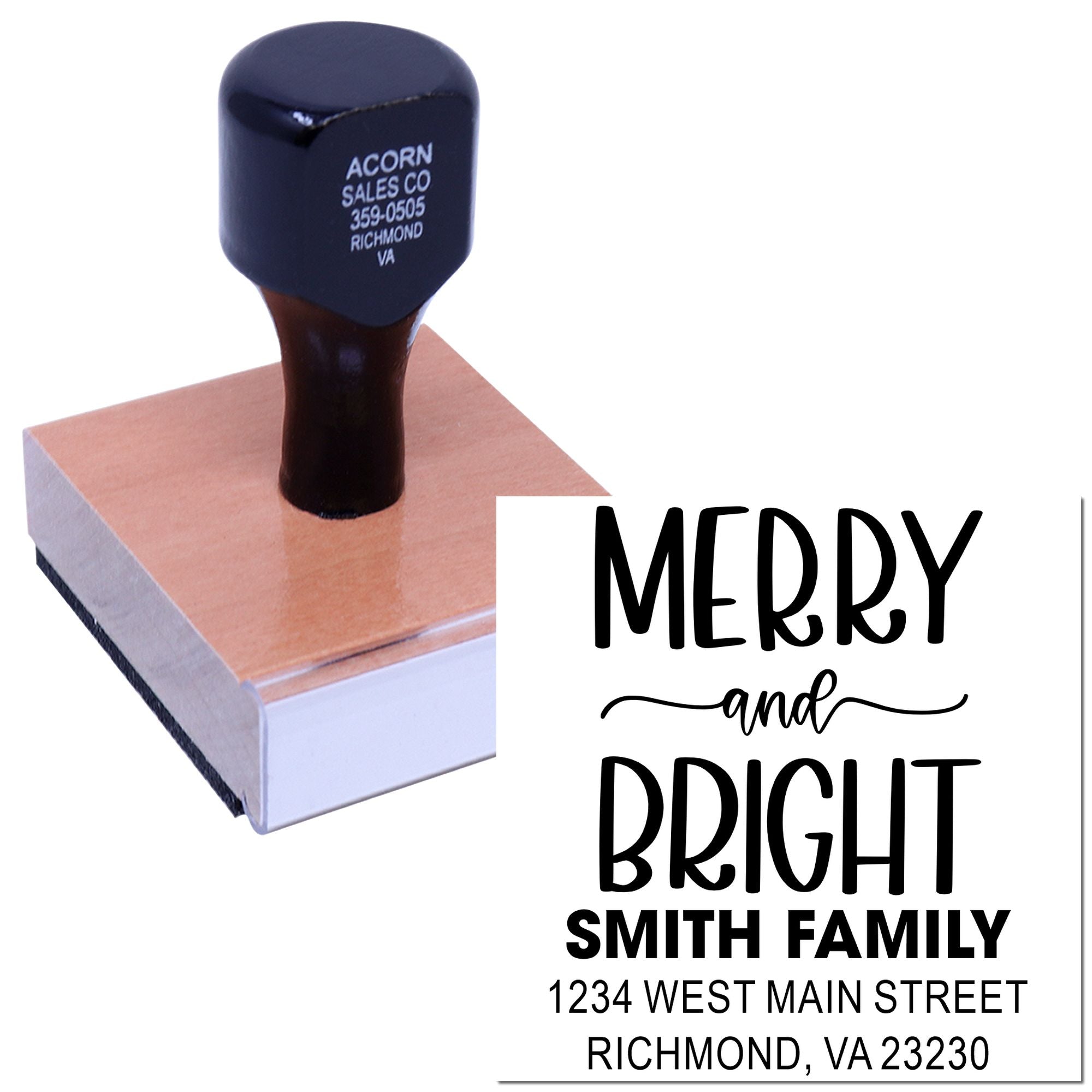 Personalized Merry and Bright return address rubber stamp for Smith family holiday cards