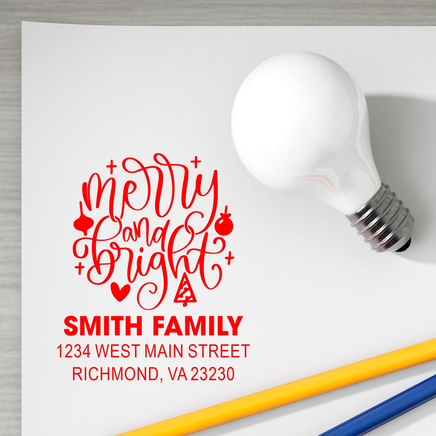 Custom Merry and Bright holiday address rubber stamp for Smith Family, 1234 West Main Street, Richmond, VA 23230