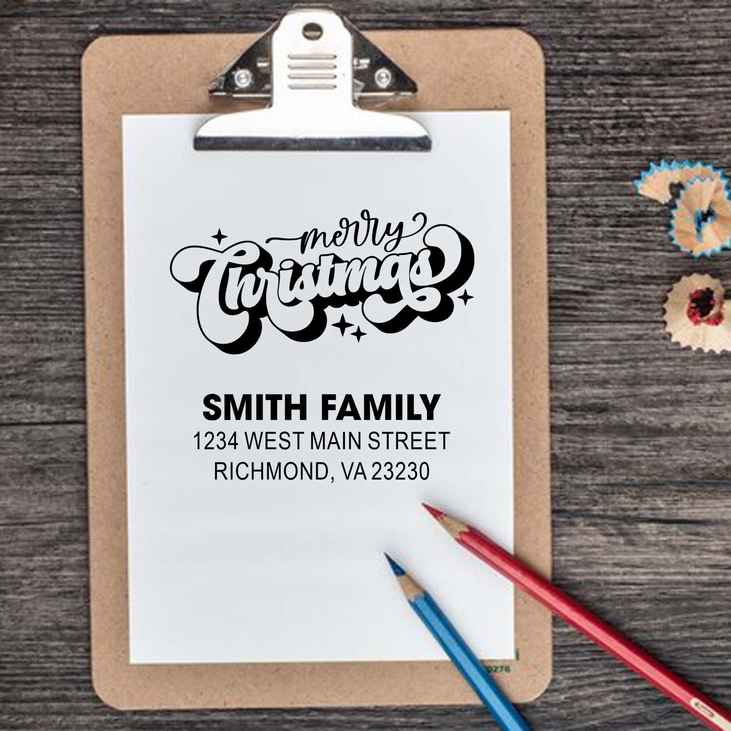 Custom Merry Christmas return address rubber stamp mockup with Smith Family address for holiday cards